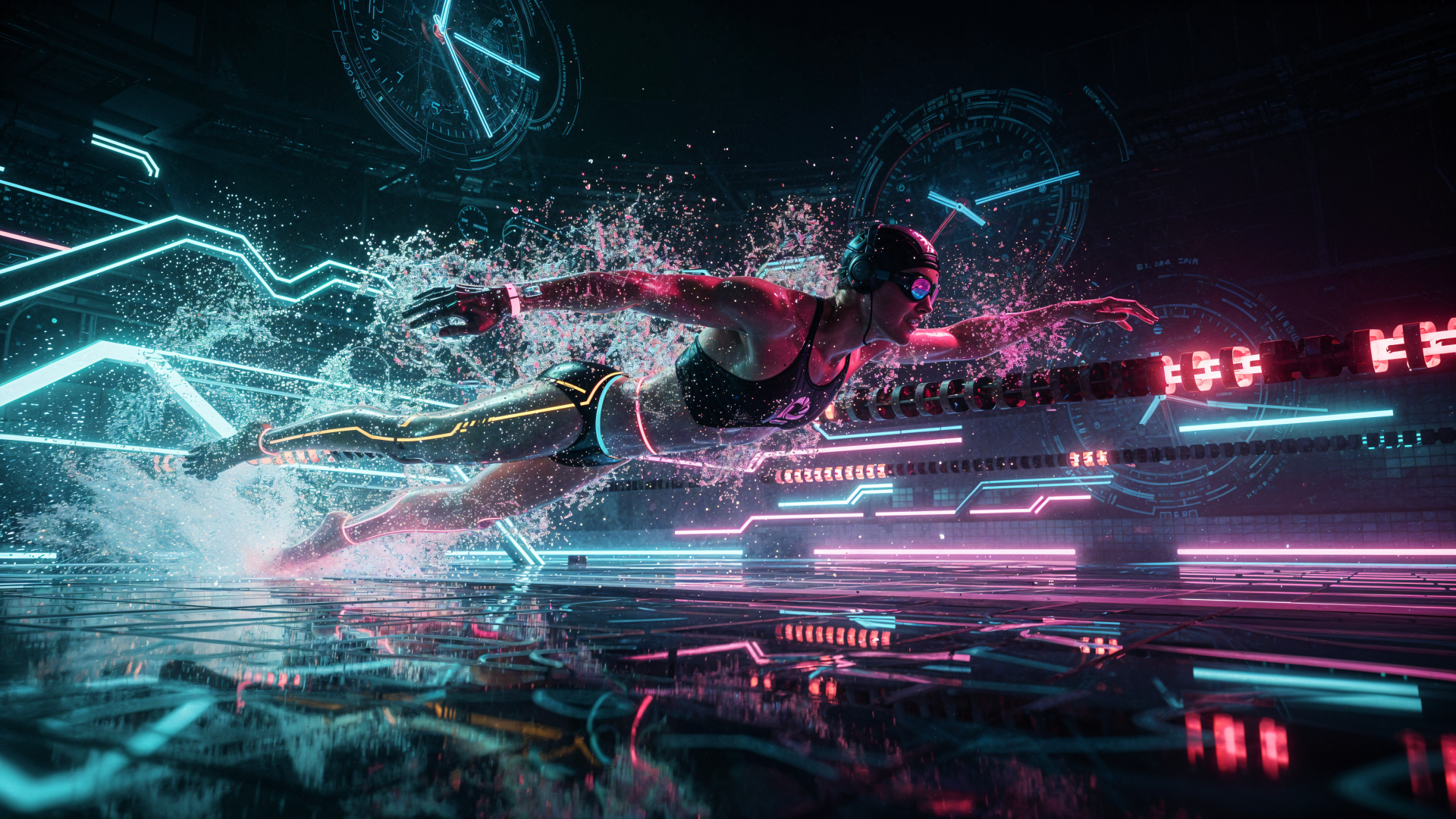 4K Ultra HD PC desktop wallpaper: sprint swimmer athlete powering through neon-lit water, motion trails and futuristic digital light streaks.