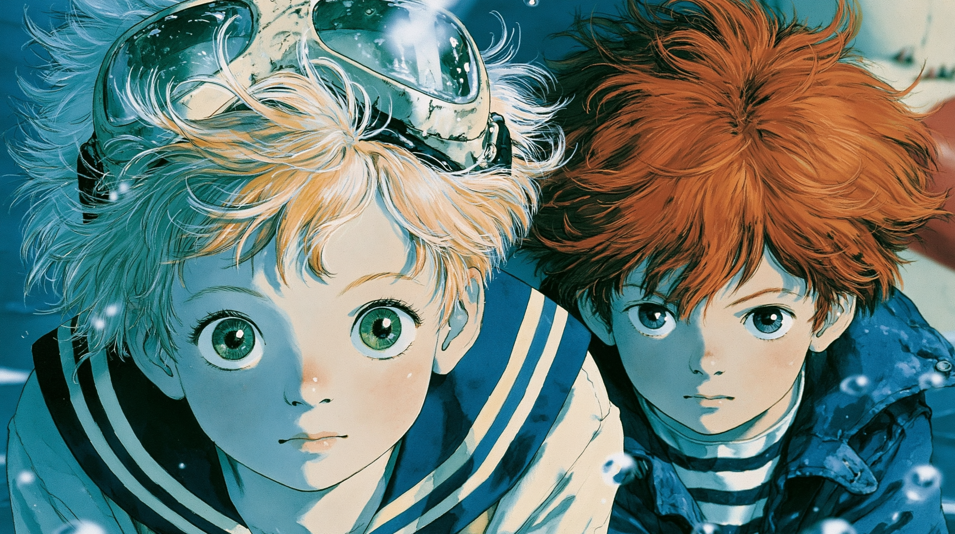 Anime manga 2K Quad HD PC desktop wallpaper of two boys—blonde with goggles and a sailor collar and a red-haired boy in a striped shirt—against a deep, watery blue background.
