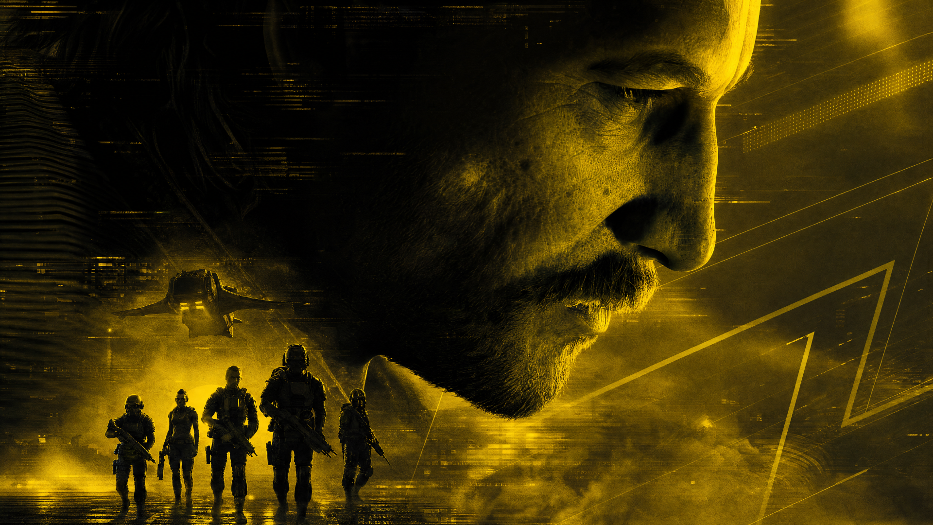Star Wars: Zero Company video game 4K Ultra HD PC desktop wallpaper showing a close-up profile of a male soldier with five silhouetted soldiers and a ship against a yellow techno-war backdrop.