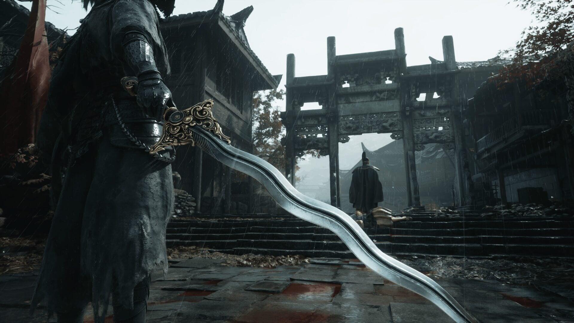 HD PC desktop wallpaper: Phantom Blade Zero video game scene — cloaked swordsman grips a curved sword in rain before a temple gate, moody high-definition background
