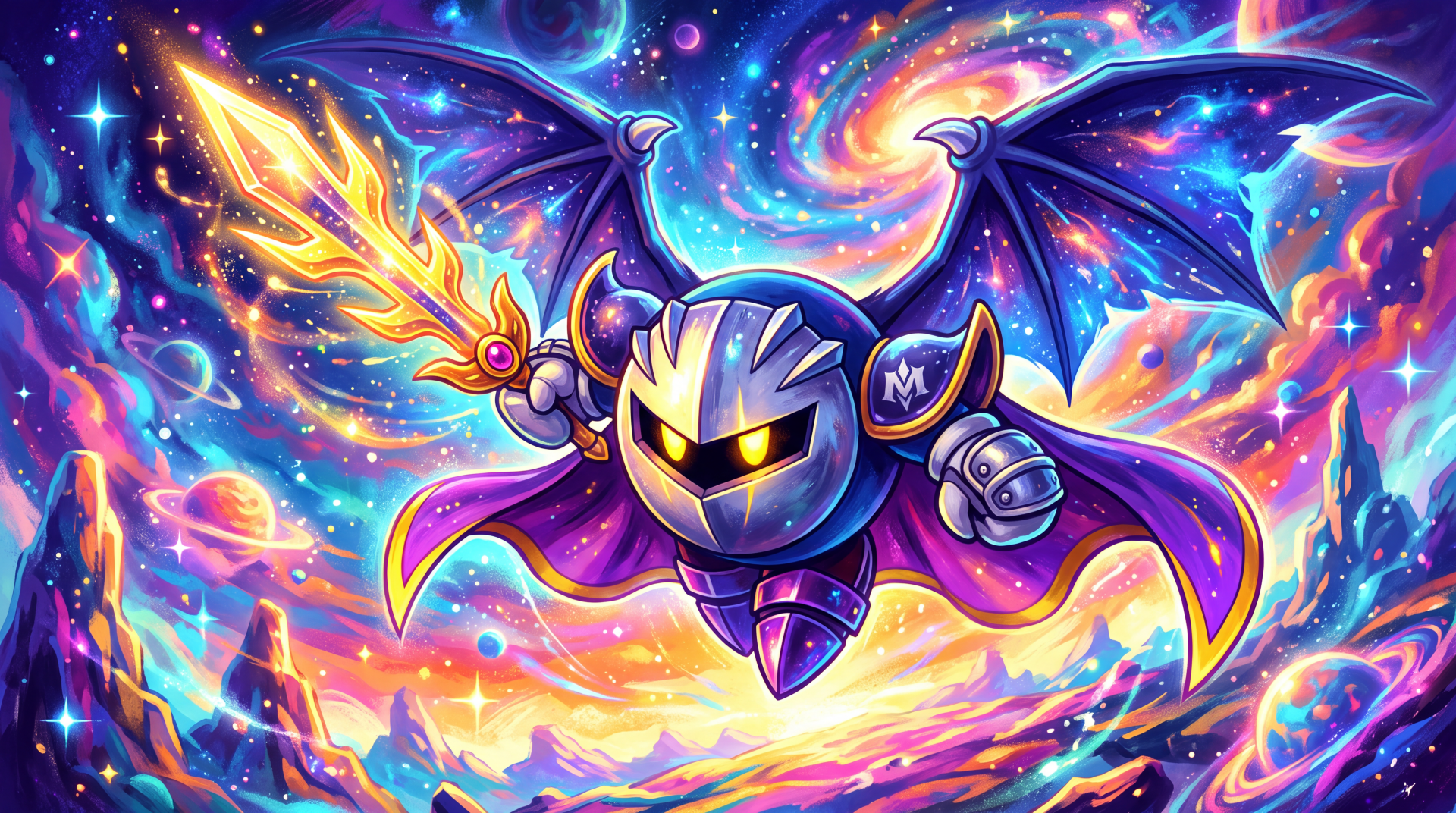 Meta Knight soars with glowing sword and outstretched bat-like wings amid a swirling, vibrant cosmic nebula — 5K Ultra HD PC desktop wallpaper/background.