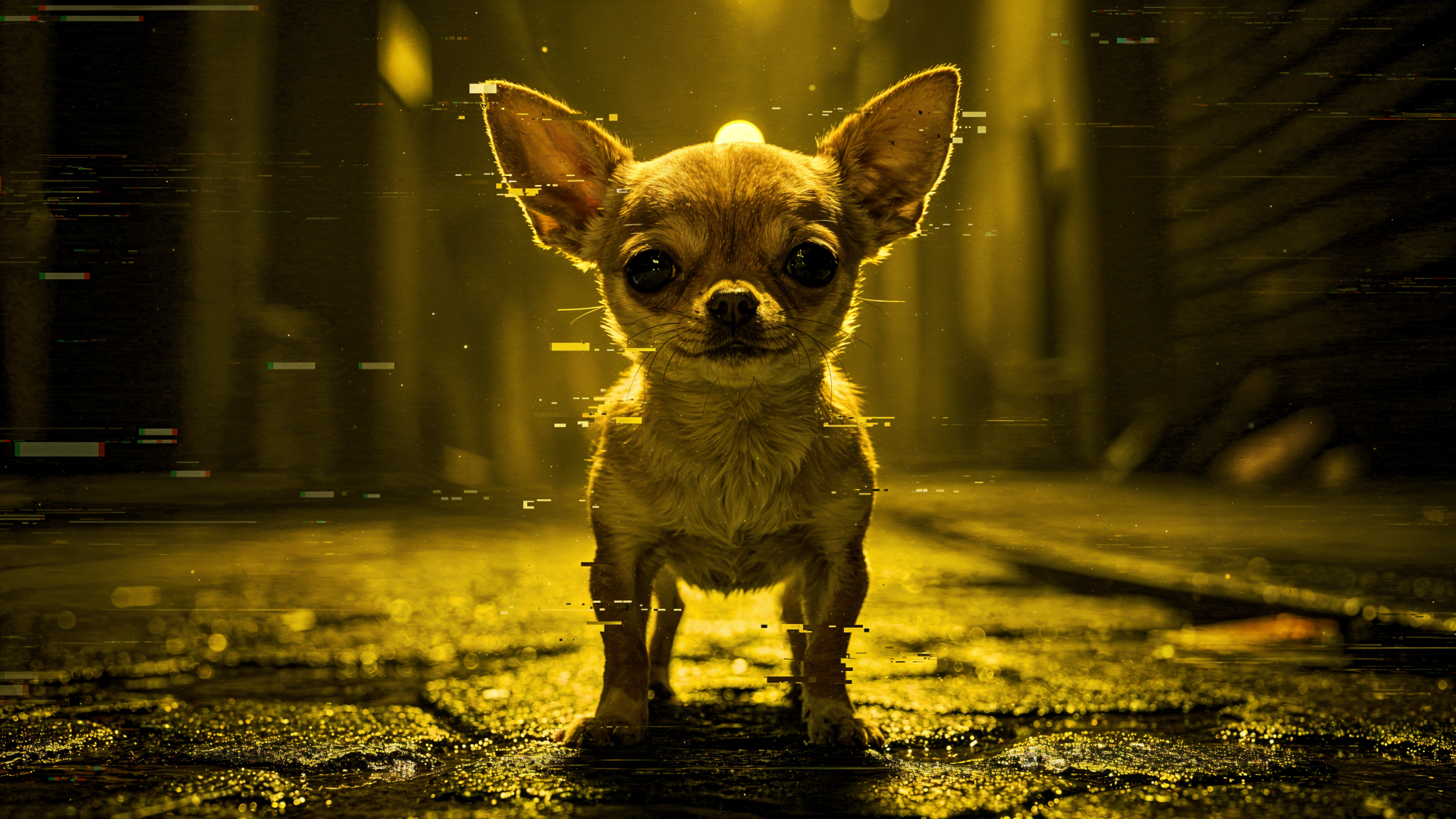 Chihuahua standing on a wet cobblestone street at night, dramatic golden backlighting and reflections — 4K Ultra HD PC desktop wallpaper/background.