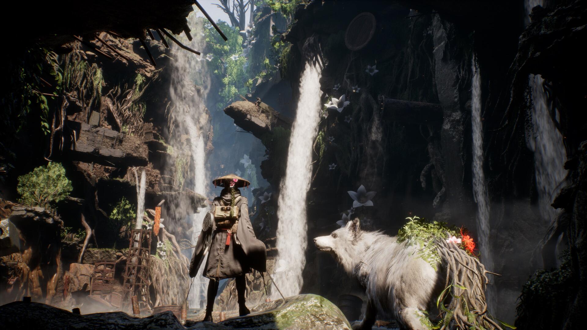 4K Ultra HD PC wallpaper from the video game Beast of Reincarnation: a cloaked traveler and a mountain goat stand before towering waterfalls in a misty mountain gorge.