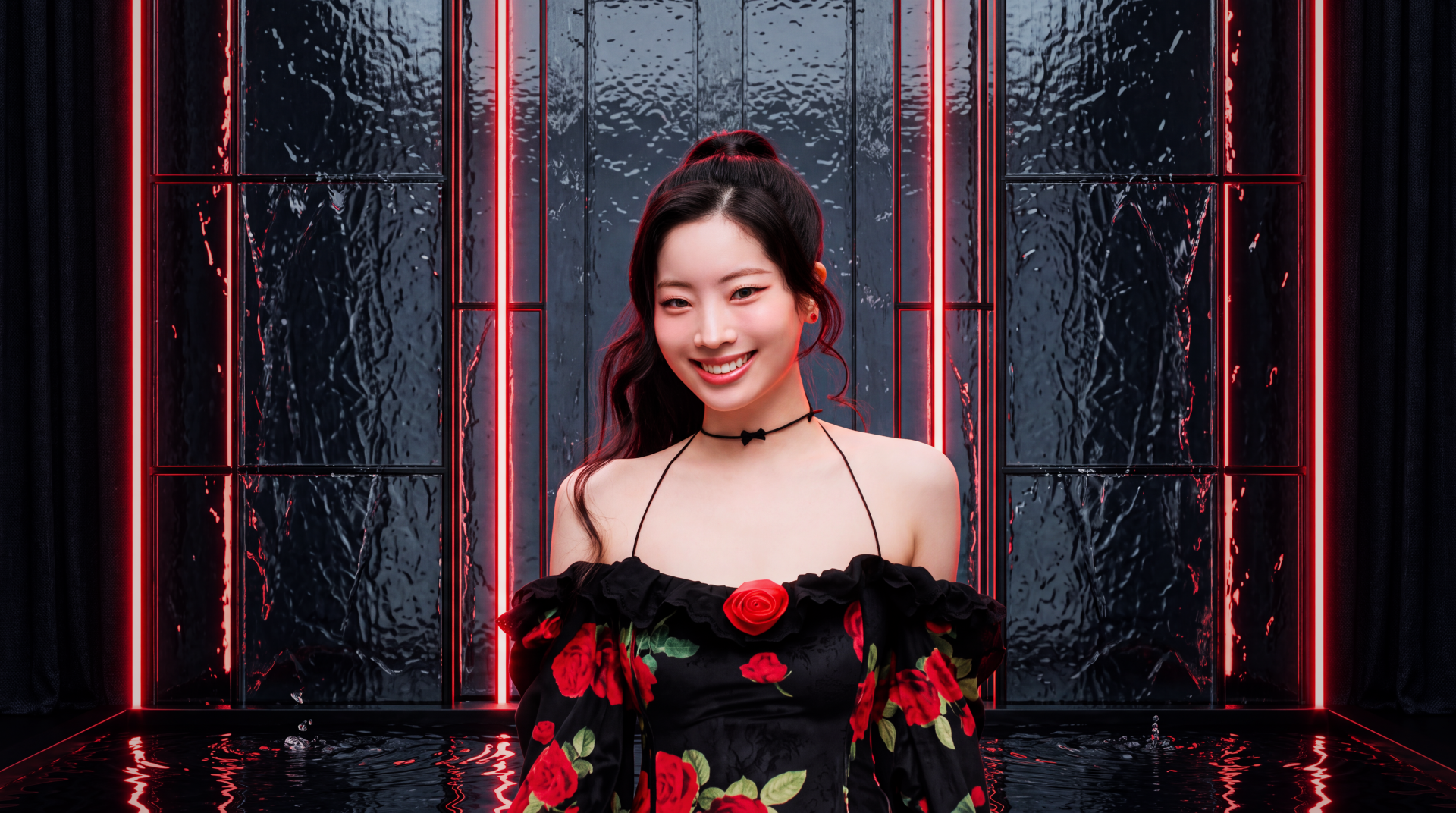 Smiling K-pop idol and actress in a floral off-shoulder dress against glossy black tiles with red neon bars — 5K Ultra HD PC desktop wallpaper