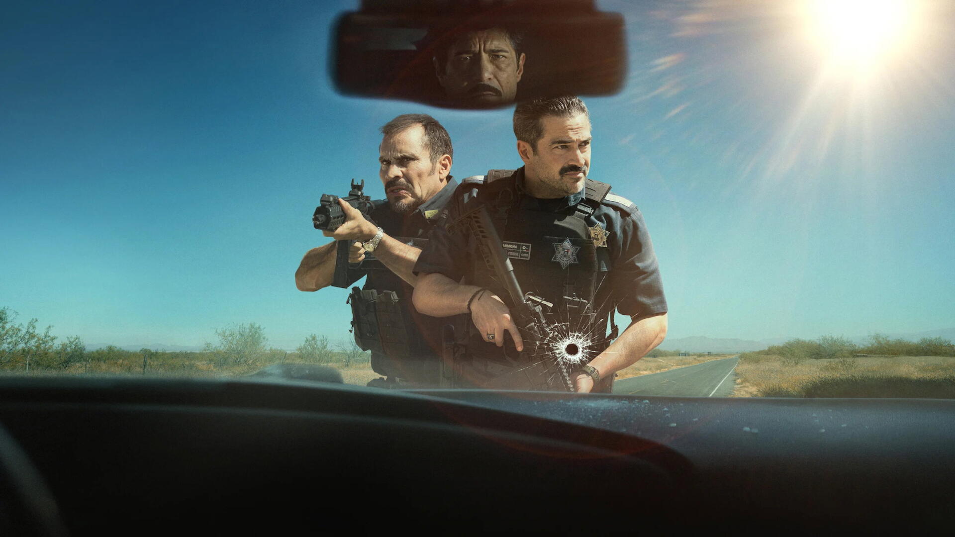 2K Quad HD PC desktop wallpaper titled Facing El Chapo: two armed officers aiming weapons over a car dashboard under a bright, sunlit sky.