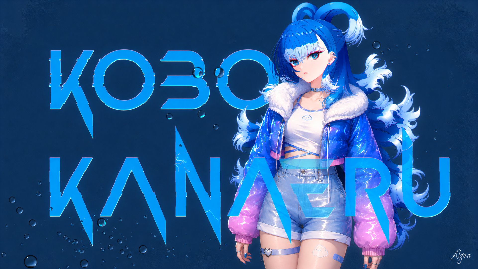 4K Ultra HD PC wallpaper of hololive VTuber Kobo Kanaeru: blue-haired anime girl in blue-pink jacket and shorts against a dark starry background with her name in bold.