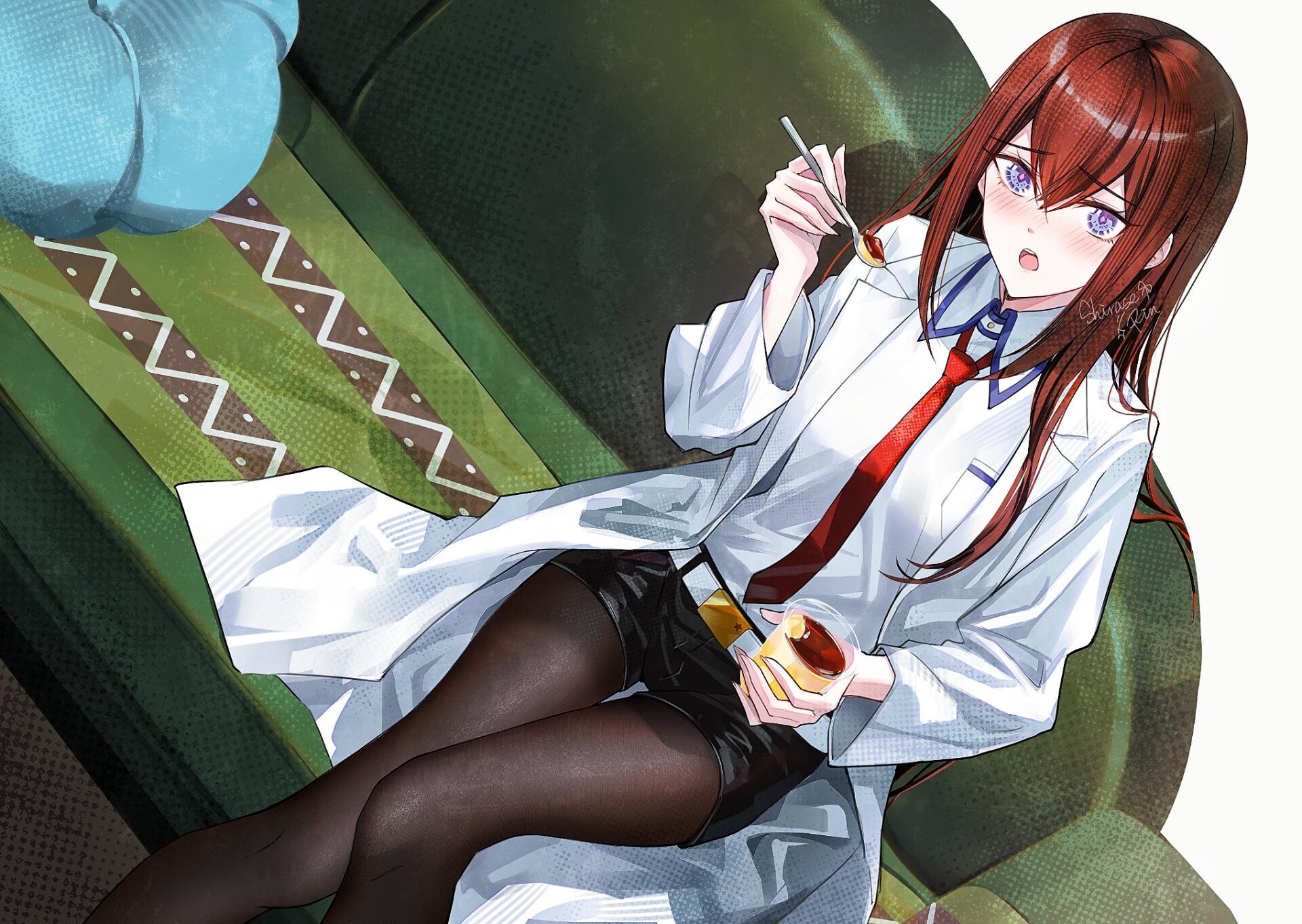 HD anime desktop wallpaper of Kurisu Makise (Steins;Gate) in a lab coat and red tie, seated on a green couch with black stockings, holding a spoon and dessert, surprised expression.