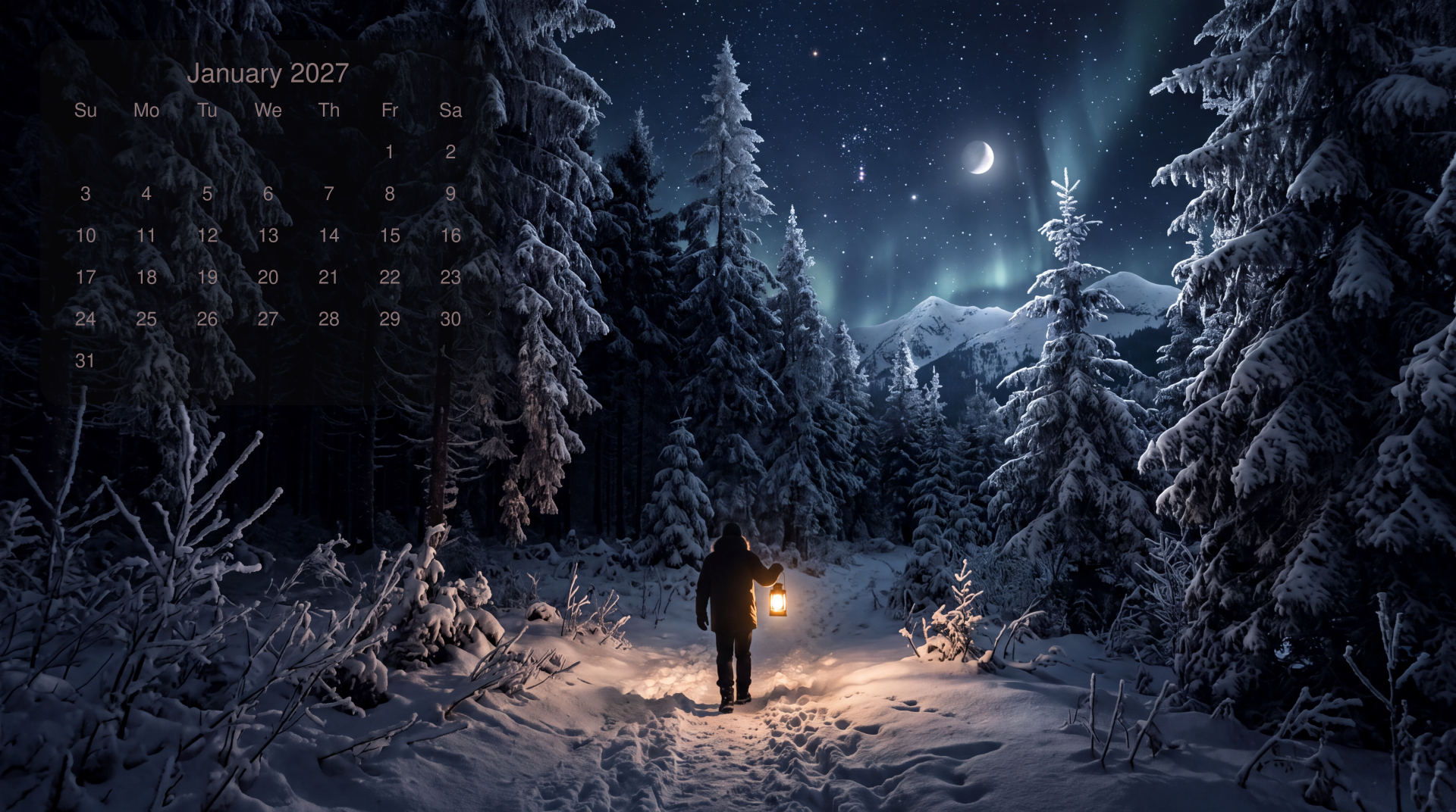 January 2027 calendar on a 5K Ultra HD PC desktop wallpaper: snowy winter forest at night, crescent moon and stars, a lone figure holding a lantern on a snow-covered path.