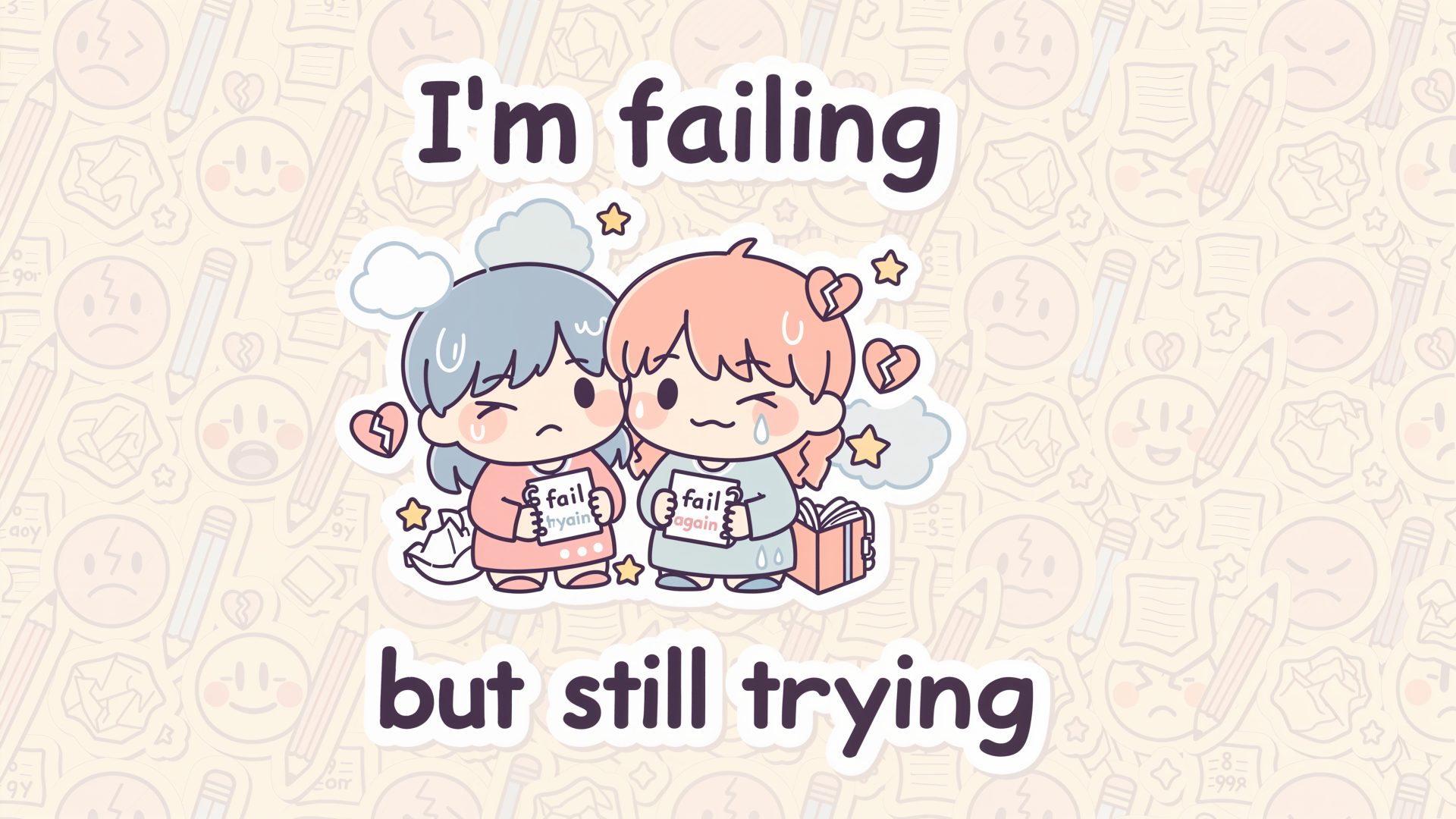 Cute cartoon quote 4K Ultra HD PC wallpaper: two chibi friends (blue and pink) holding fail boxes beneath the text I'm failing but still trying on a soft patterned background.