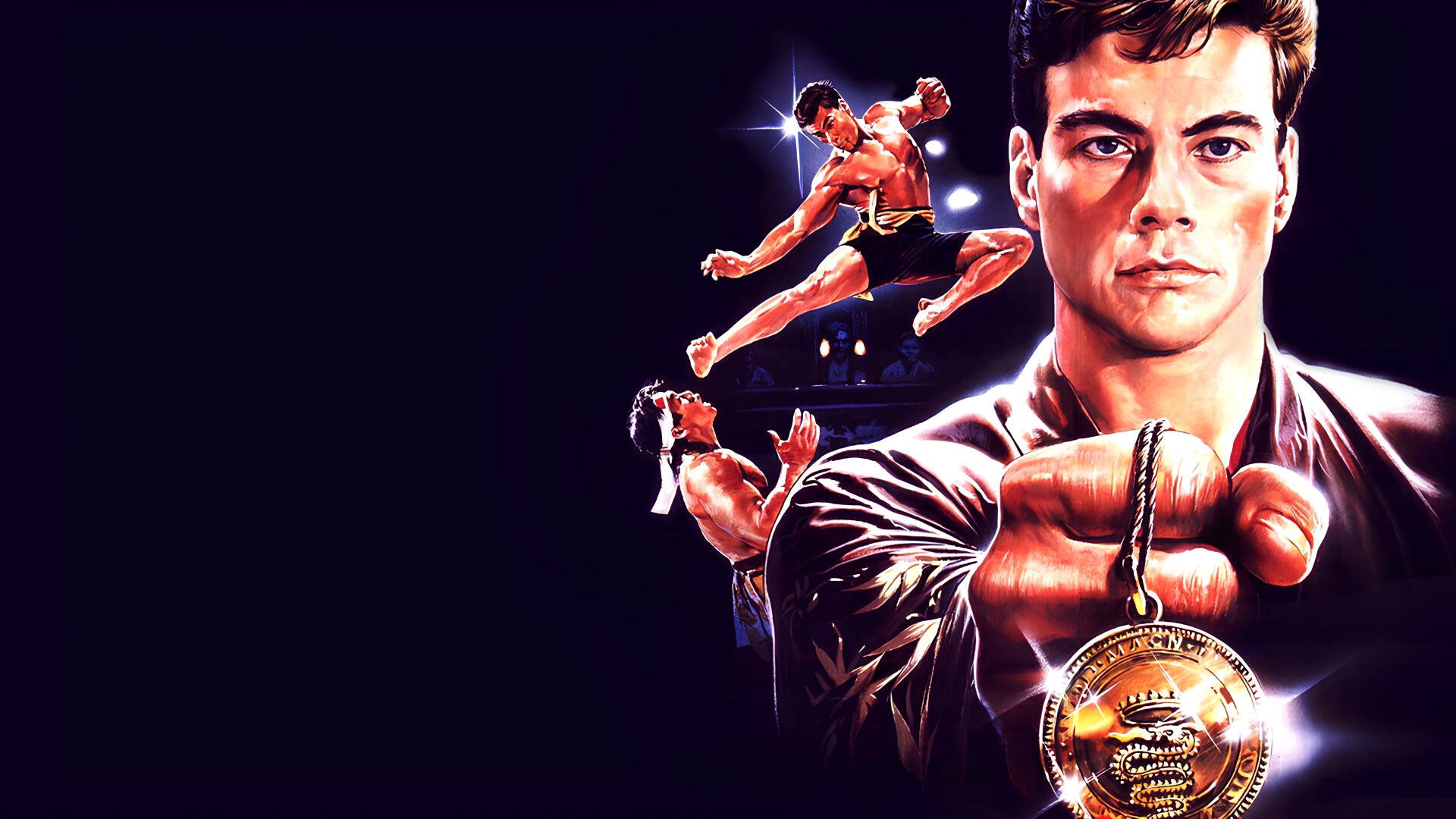 Bloodsport (DC Comics) 4K Ultra HD PC desktop wallpaper: Bloodsport thrusts a medallion toward the viewer, with multiple action poses behind him against a dark, shadowed background.