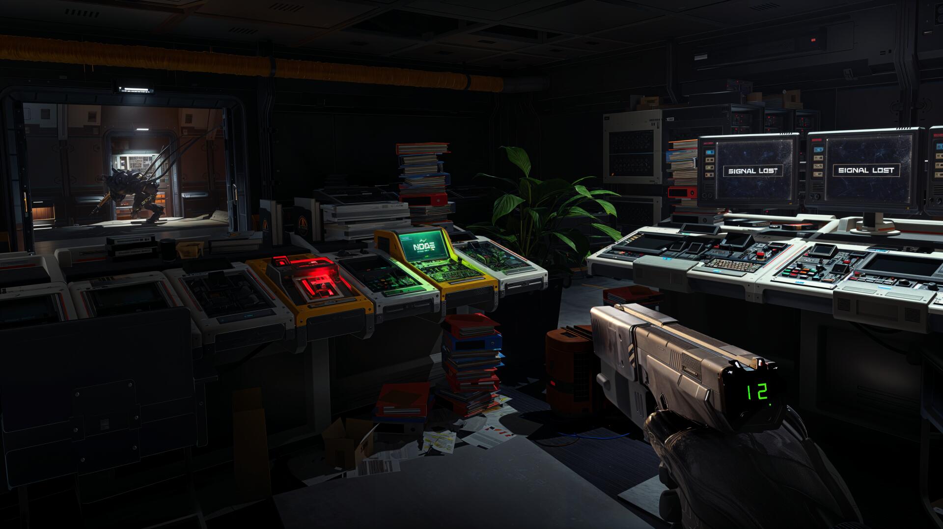 4K Ultra HD PC desktop wallpaper of a video game control room from Alien Deathstorm: glowing monitors and consoles, colored indicator lights, and a first-person view of a gun.