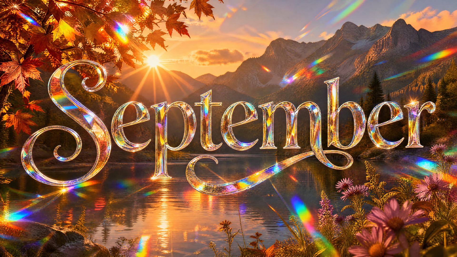 4K Ultra HD PC desktop wallpaper: ornate prismatic September over a golden autumn lakeside with sunburst, mountains, fall leaves and wildflowers.