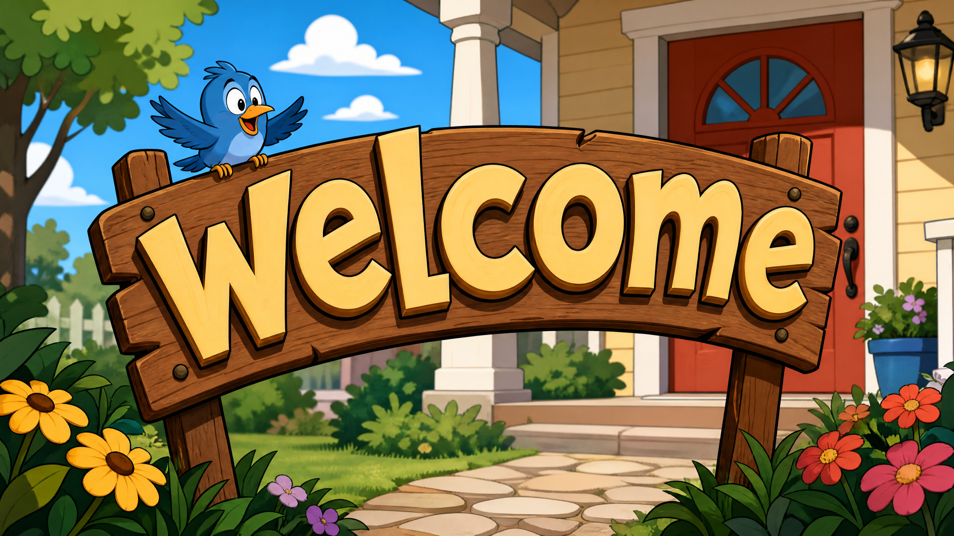 4K Ultra HD PC desktop wallpaper and background: cheerful garden with wooden WELCOME sign, blue bird perched atop, flowers and stone path leading to a house.