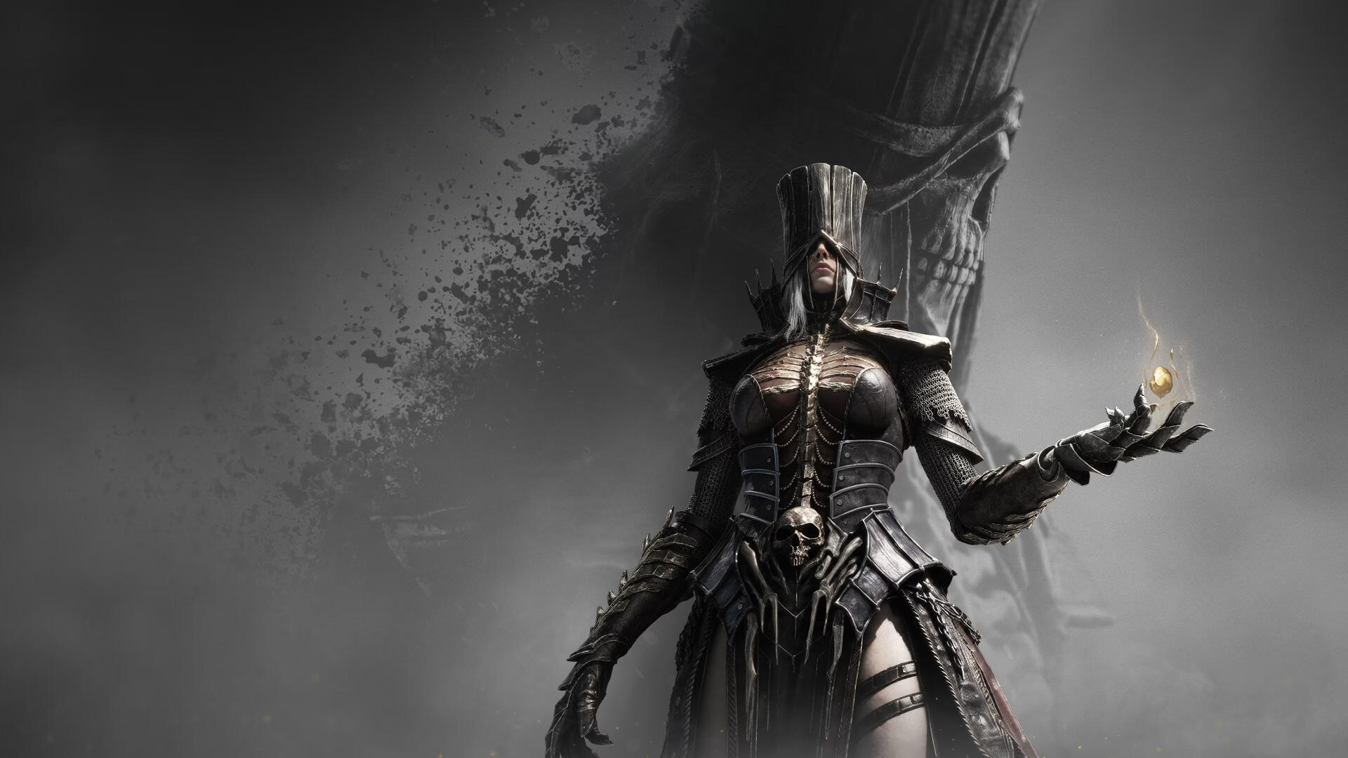 Mortal Shell II video game 4K Ultra HD PC desktop wallpaper: a tall, helmeted, gothic-armored warrior holds a small flame amid a smoky gray, ominous background.