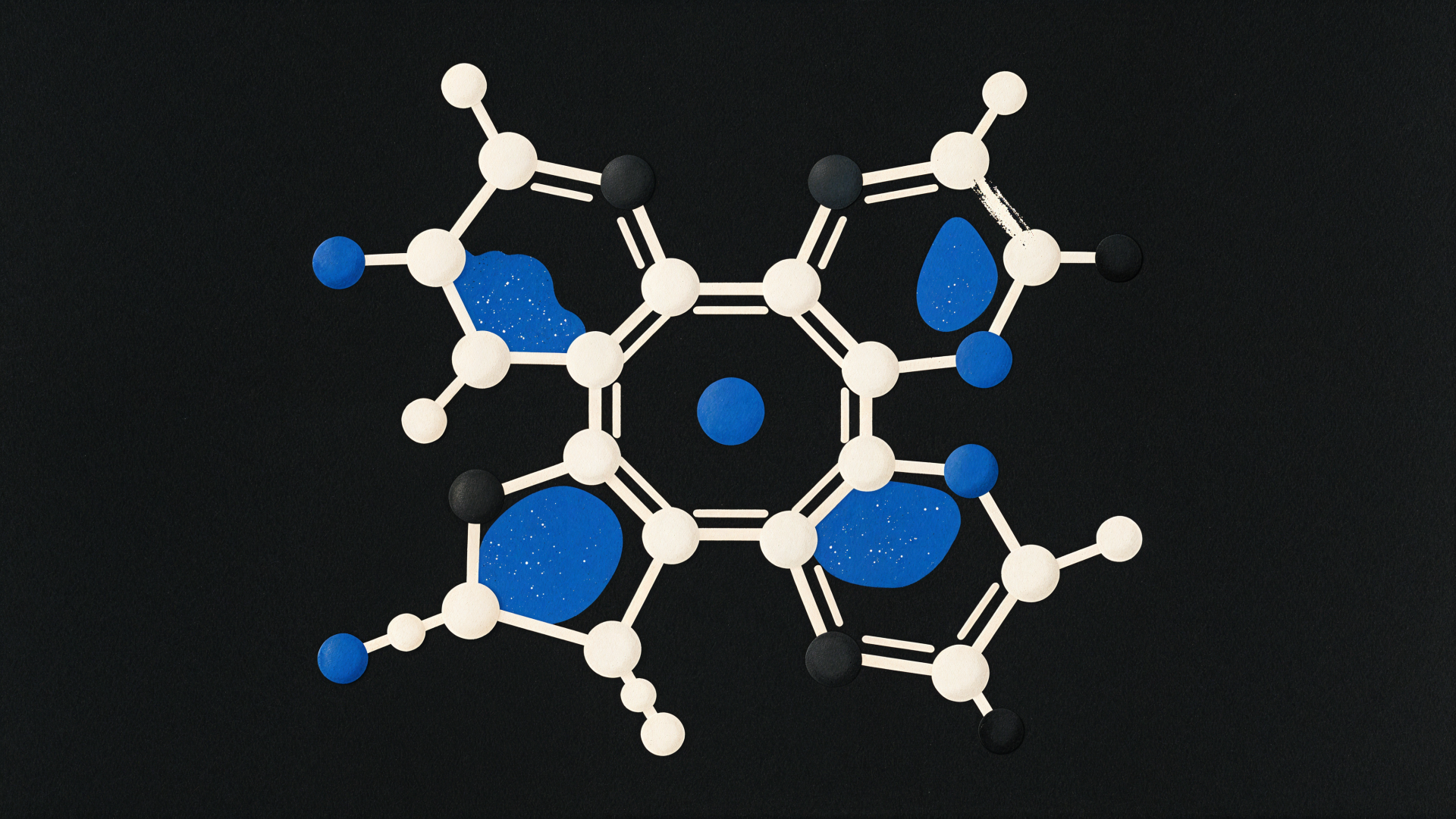 4K Ultra HD PC desktop wallpaper showing a stylized molecular pattern: white and black ball-and-stick chemical structure with blue highlights on a black background.