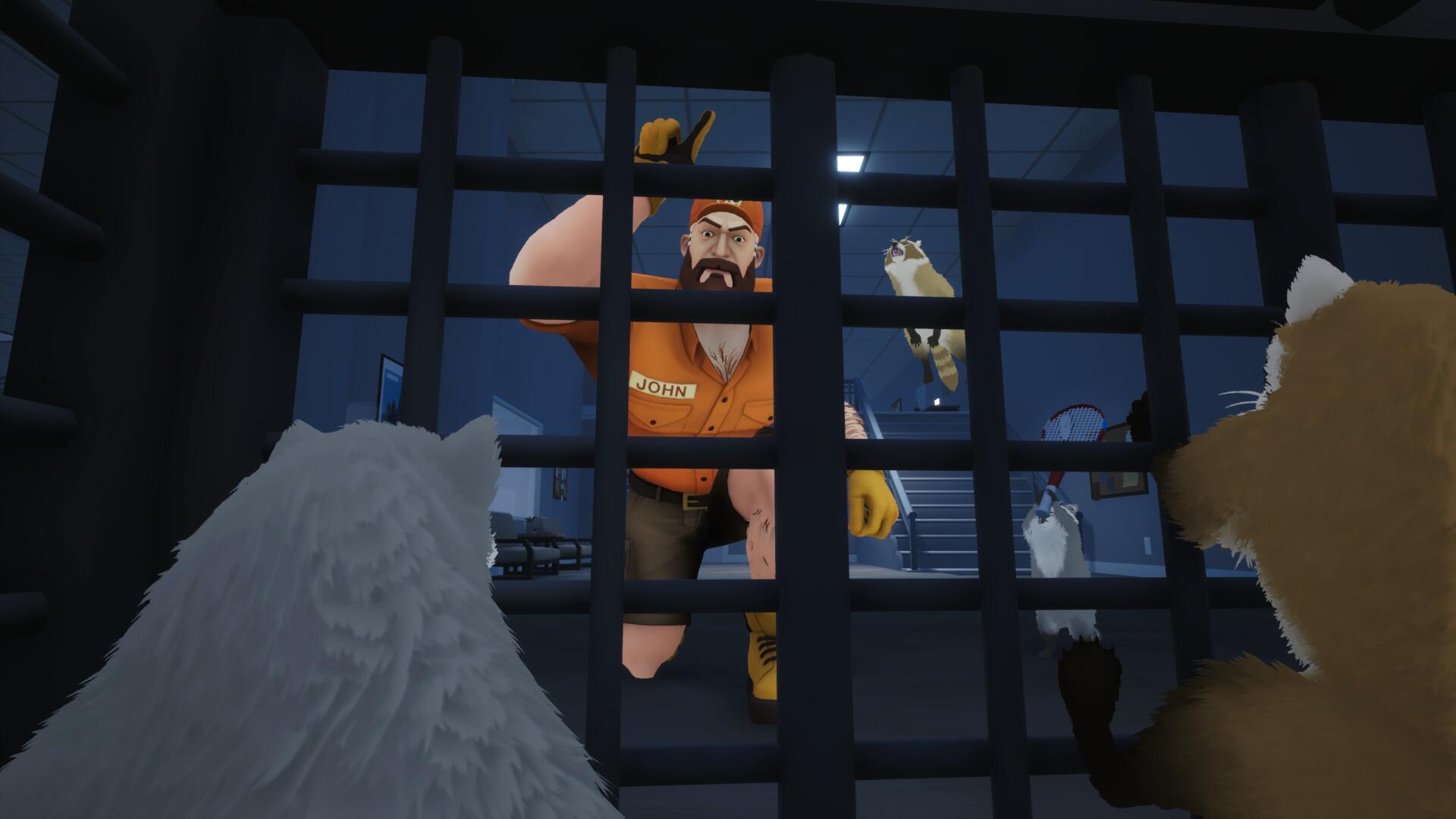4K Ultra HD PC wallpaper from a video game: Dumpster Gang prisoner — a bearded man in orange behind jail bars watched by two dogs through a cell grate.