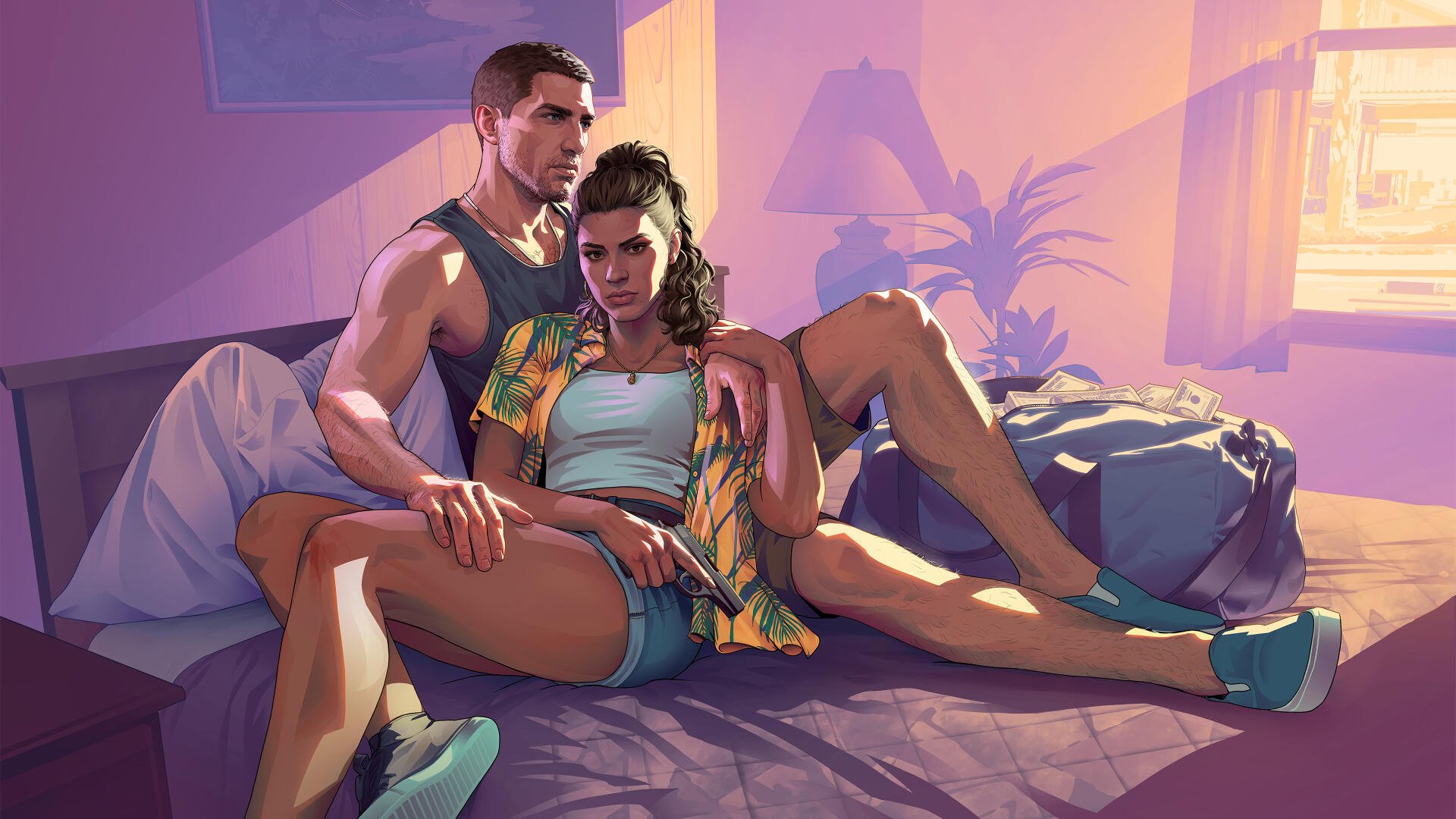 Grand Theft Auto VI 4K Ultra HD PC desktop wallpaper: stylized Grand Theft Auto video game art of a couple lounging on a bed in warm neon sunlight.