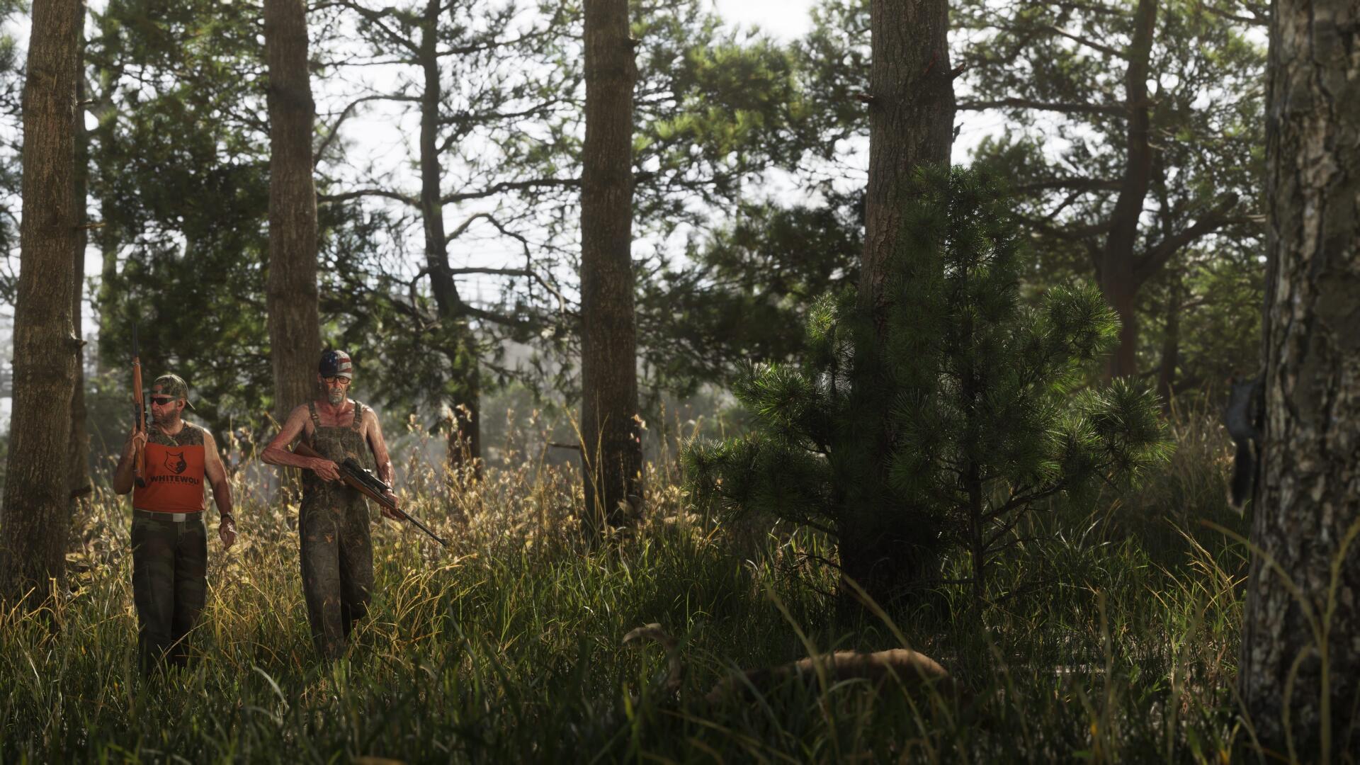 Grand Theft Auto VI video game scene: two characters walking through a dense sunlit forest — 4K Ultra HD PC desktop wallpaper/background.