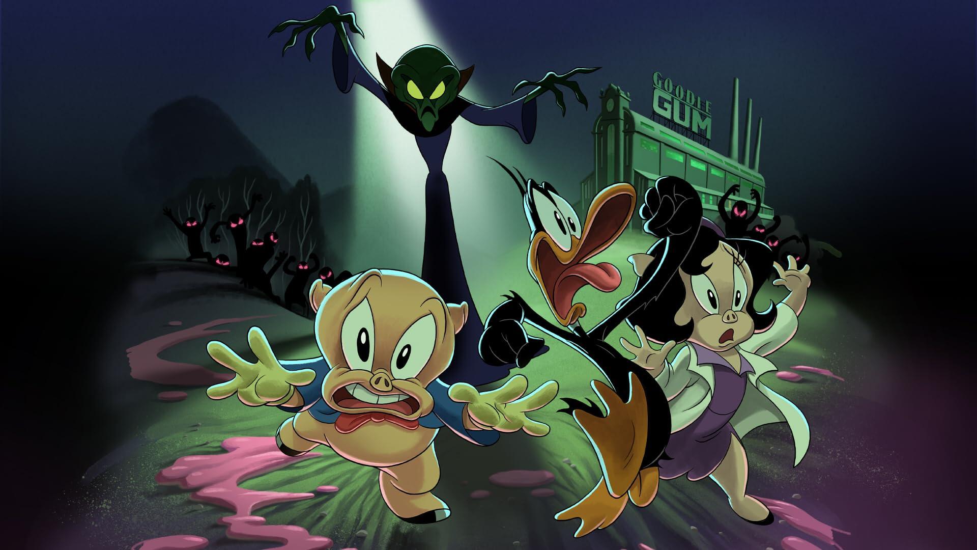 HD PC desktop wallpaper from The Day the Earth Blew Up: A Looney Tunes Movie—Looney Tunes characters flee glowing pink slime as a menacing shadowy alien looms under a moonlit sky.
