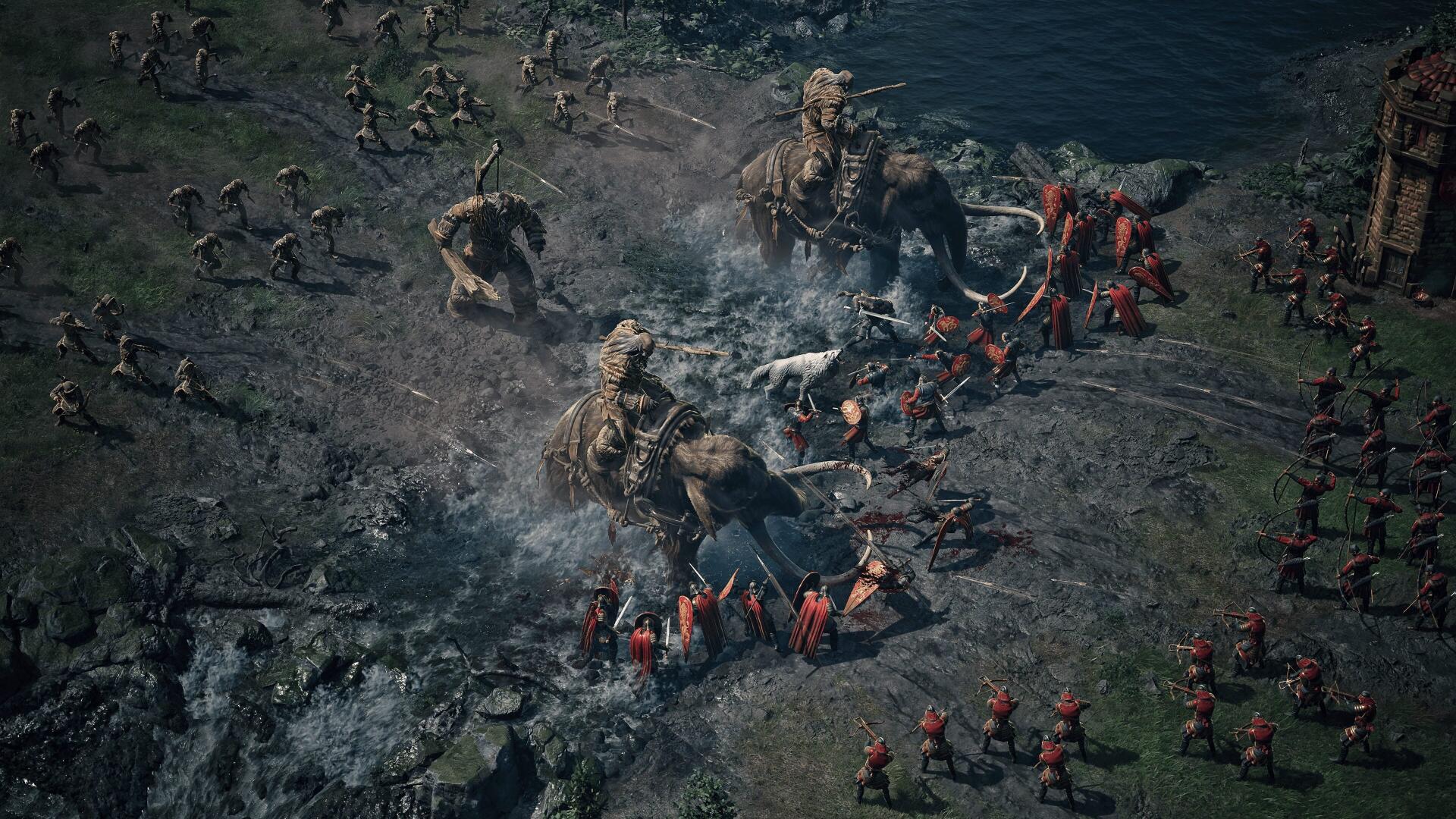 4K Ultra HD PC desktop background: Game of Thrones: War for Westeros video game battle with armies clashing and giant monsters on a stormy shoreline.