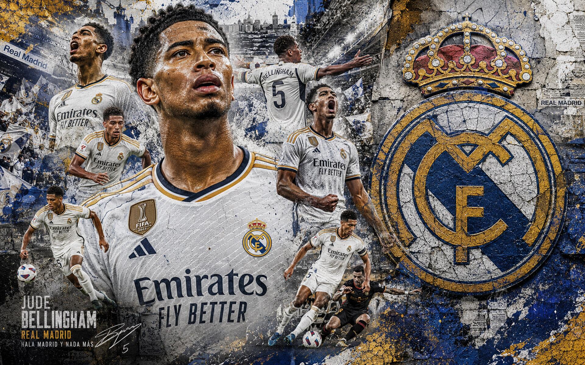 4K Ultra HD PC desktop wallpaper of a Real Madrid soccer player in white kit amid dynamic action shots and a prominent club crest.