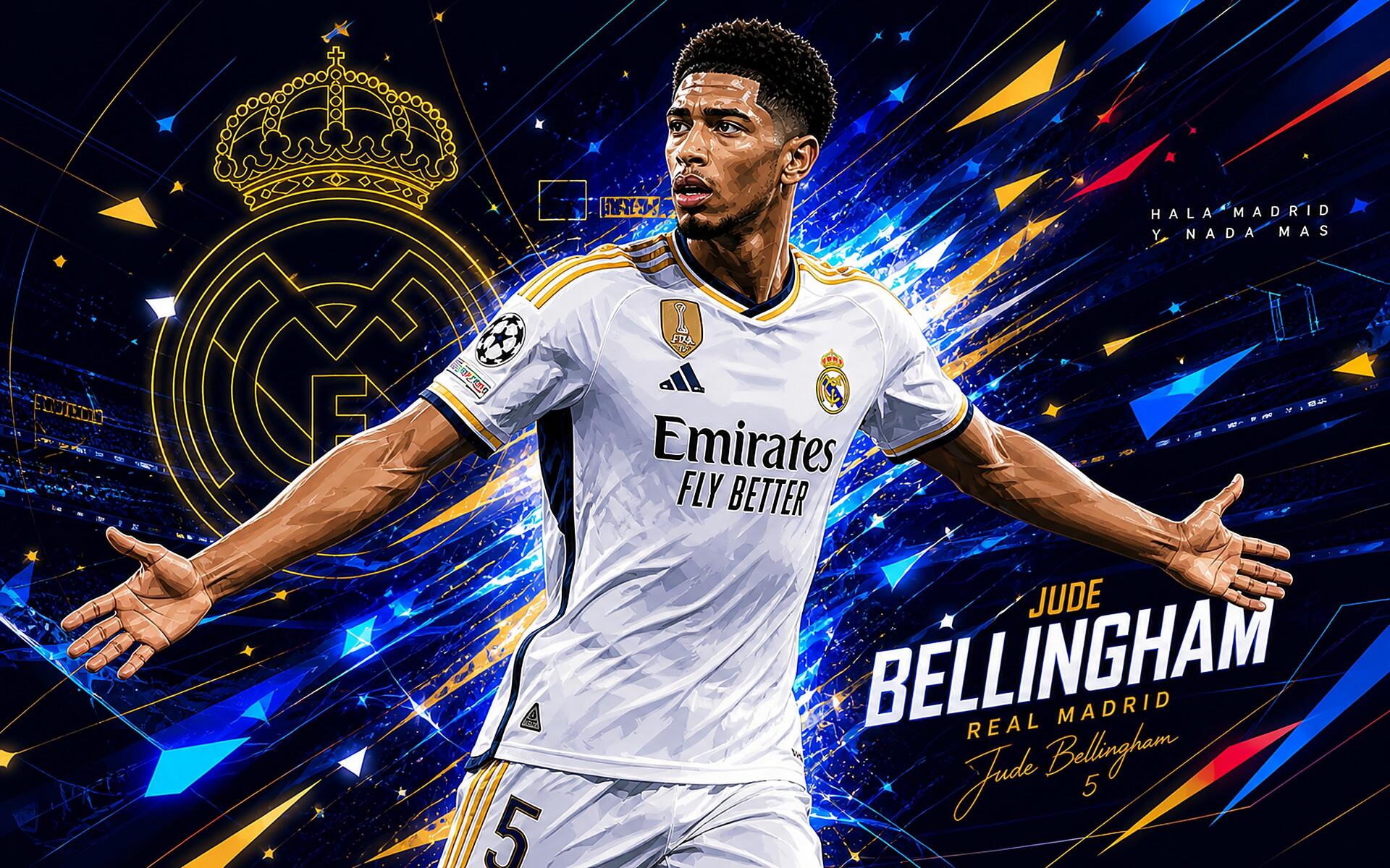 4K Ultra HD desktop wallpaper: Real Madrid soccer player in white kit celebrating with club crest, dynamic blue and gold streaks — sports-themed PC background.