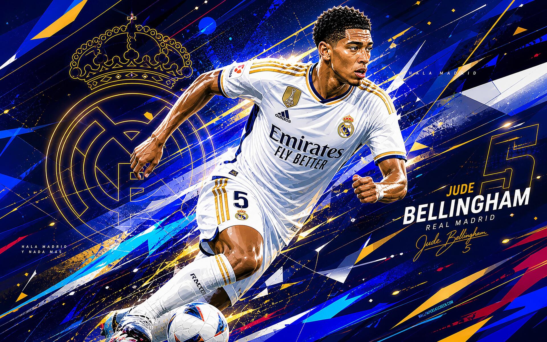Dynamic 4K soccer wallpaper of a Real Madrid player in white kit sprinting with the ball, club crest and vibrant blue-and-gold graphic background.
