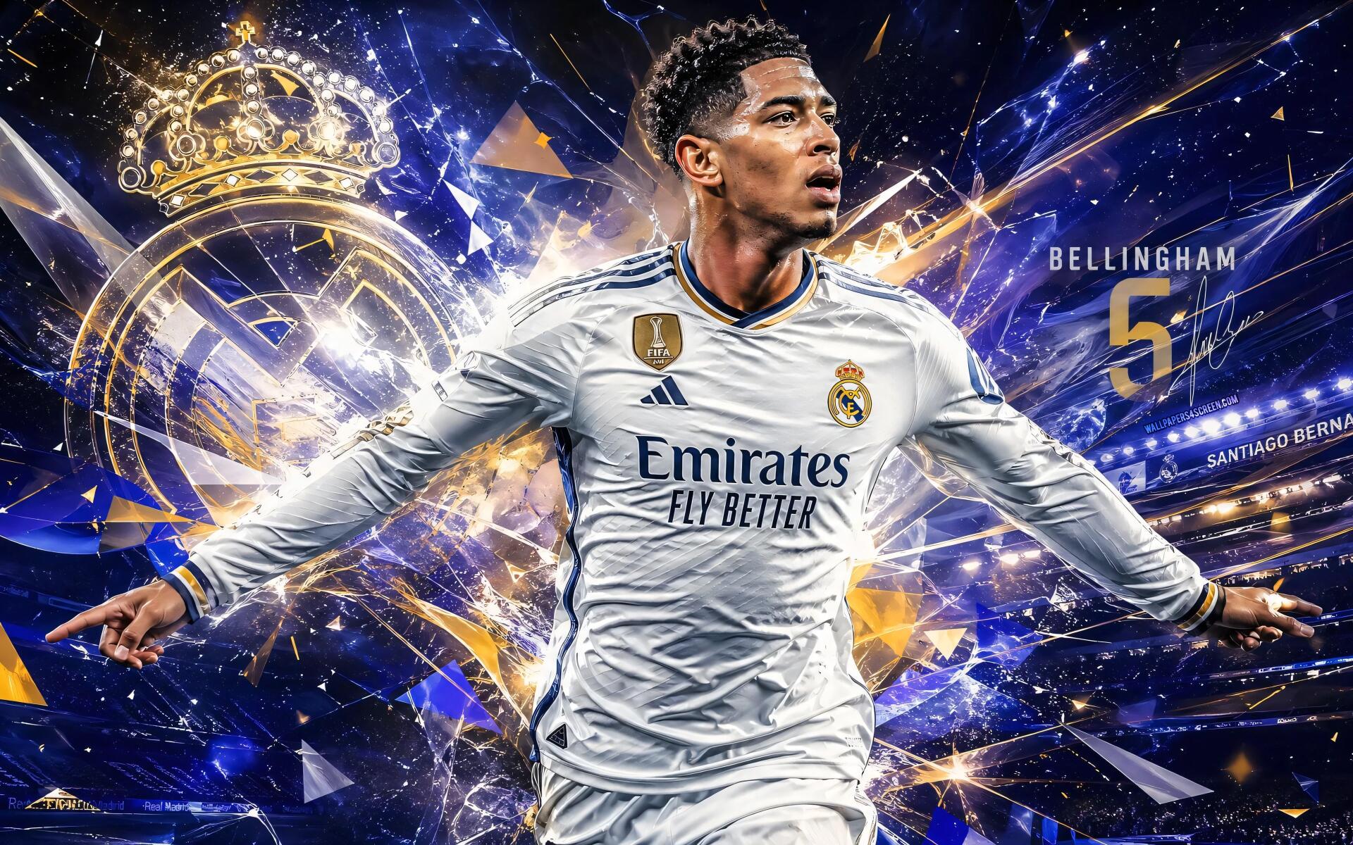 4K PC desktop wallpaper of a Real Madrid soccer player in white kit, No.5, exploding through blue-and-gold energy effects with club crest and stadium lights in the background.