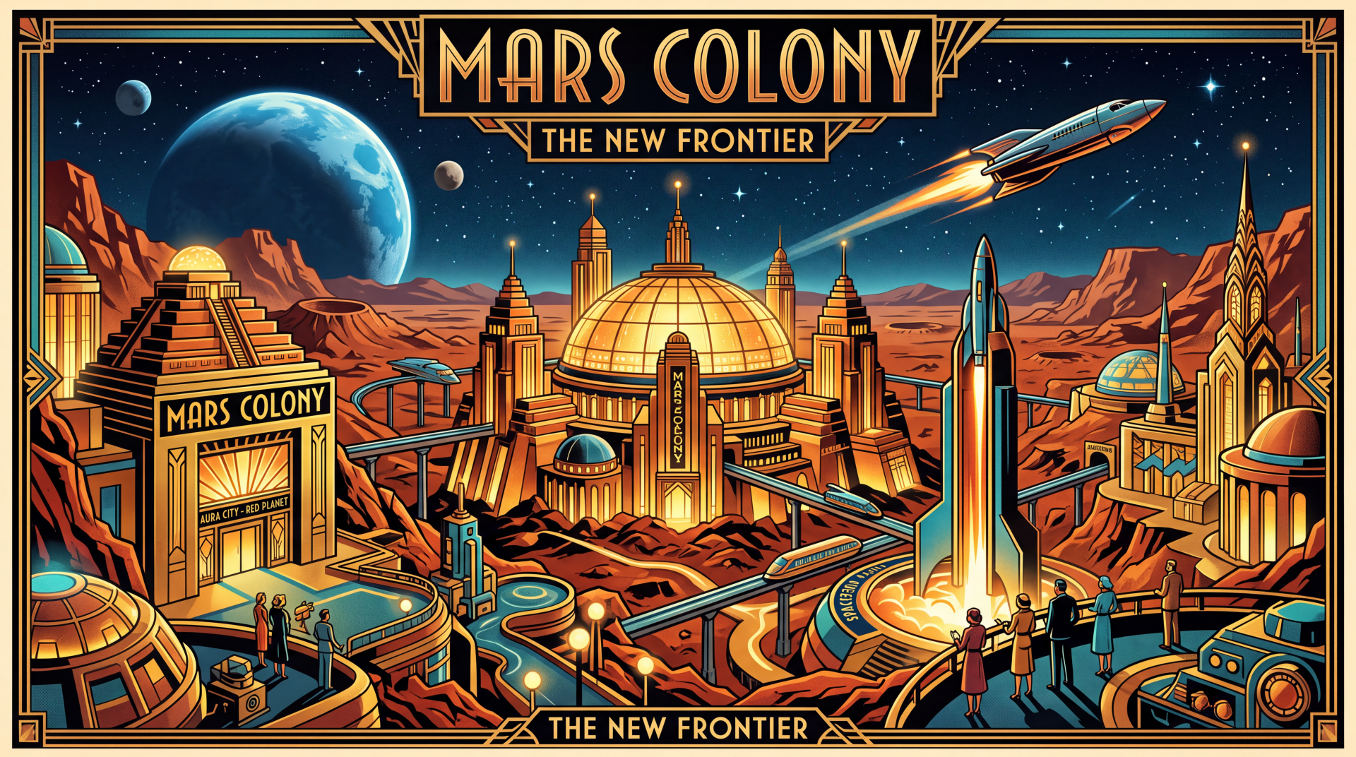 5K Ultra HD PC desktop wallpaper of a bustling Mars colony: domed habitats, towers and launch pads on red rock, a spaceship streaking across a starry sky with a blue planet.