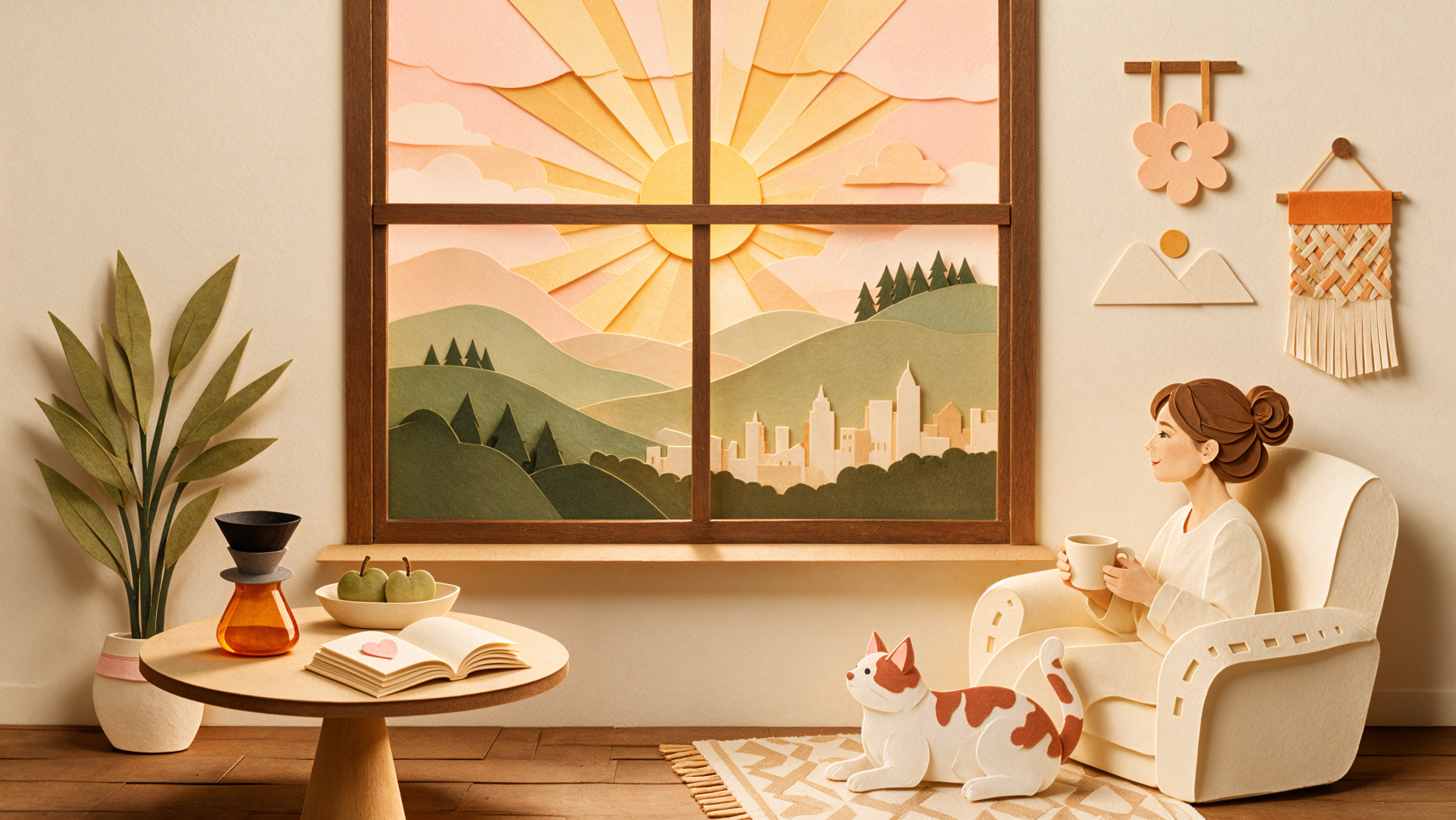Cozy morning scene with a woman and her cat seated by a sunlit window overlooking hills and a town — 4K Ultra HD PC desktop wallpaper/background.