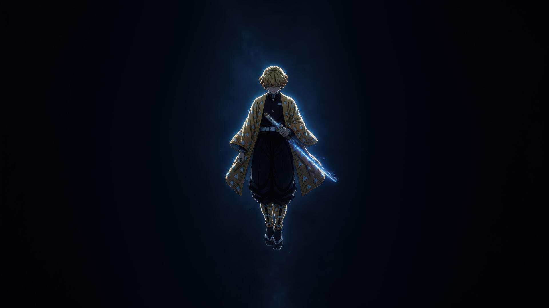 5K Ultra HD PC desktop wallpaper/background: Zenitsu Agatsuma (anime) floating with a glowing sword in a dark void, rimmed by a soft halo of light.