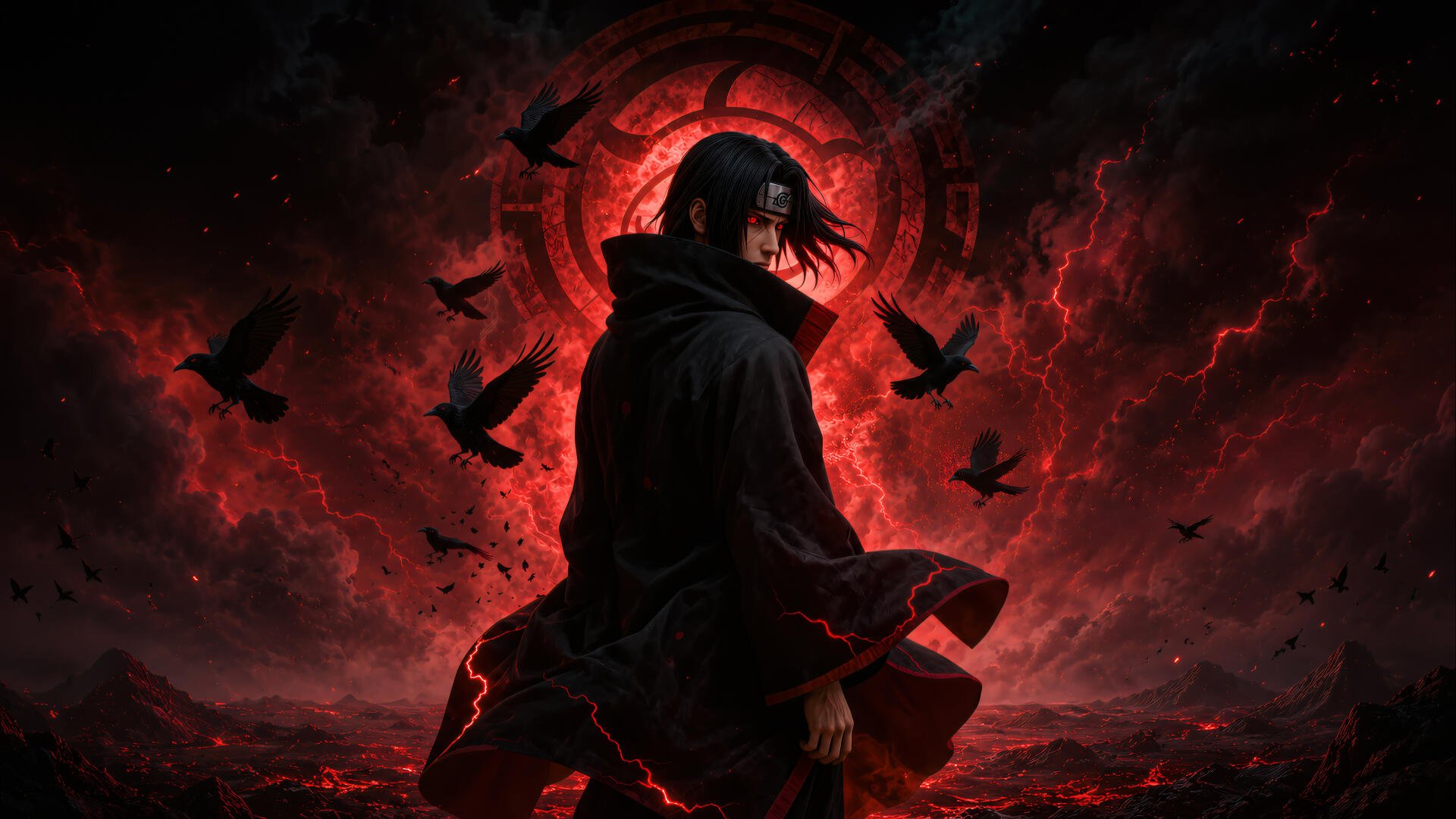 Ryomen anime character in a dark cloak stands against a swirling red storm with circling crows, dramatic 4K Ultra HD PC desktop wallpaper background.
