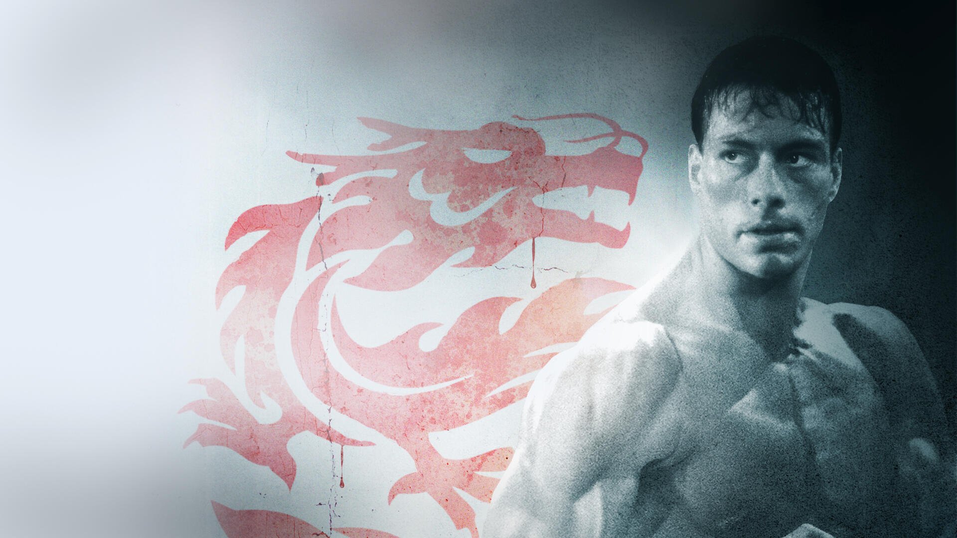 Bloodsport (DC Comics) 4K Ultra HD PC desktop wallpaper: gritty monochrome portrait, shirtless Bloodsport with an intense gaze and a red dragon stencil behind him.