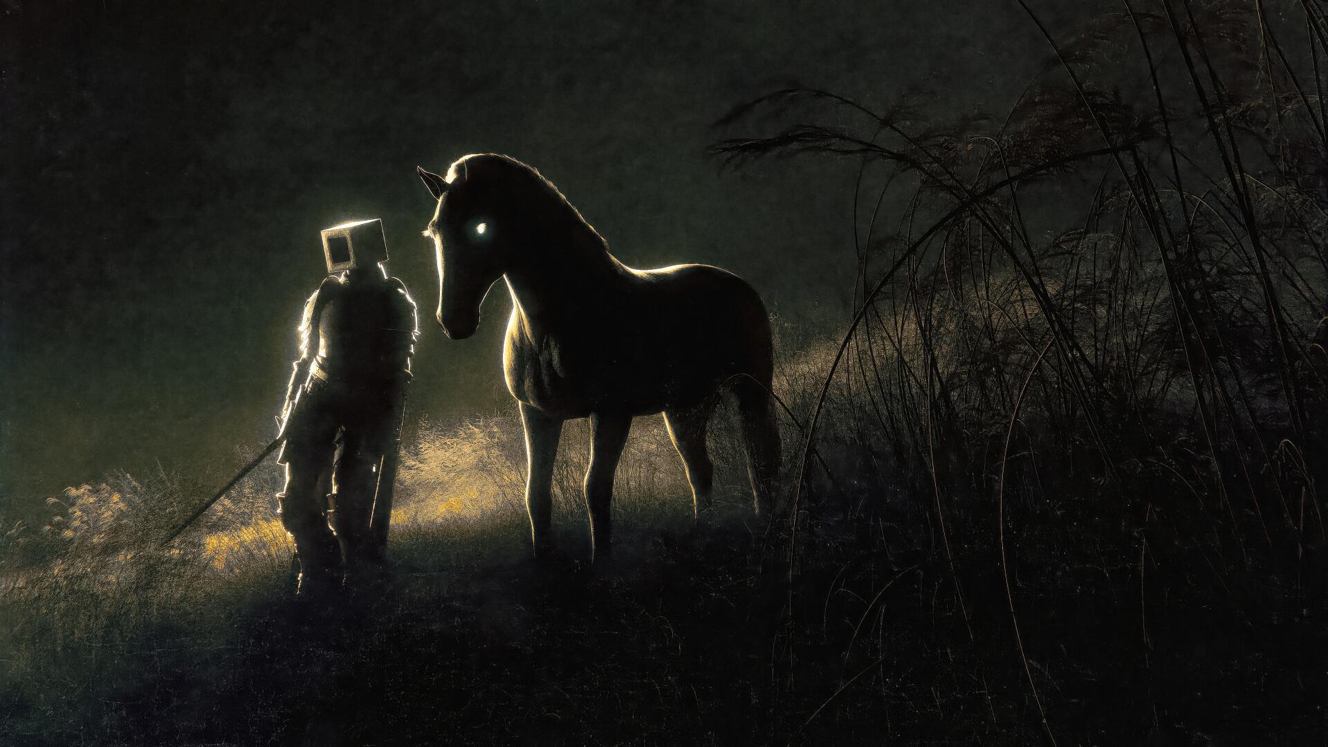 4K Ultra HD PC desktop wallpaper and background: digital art of an alone man and horse at night, backlit on a misty path with tall grass silhouettes.