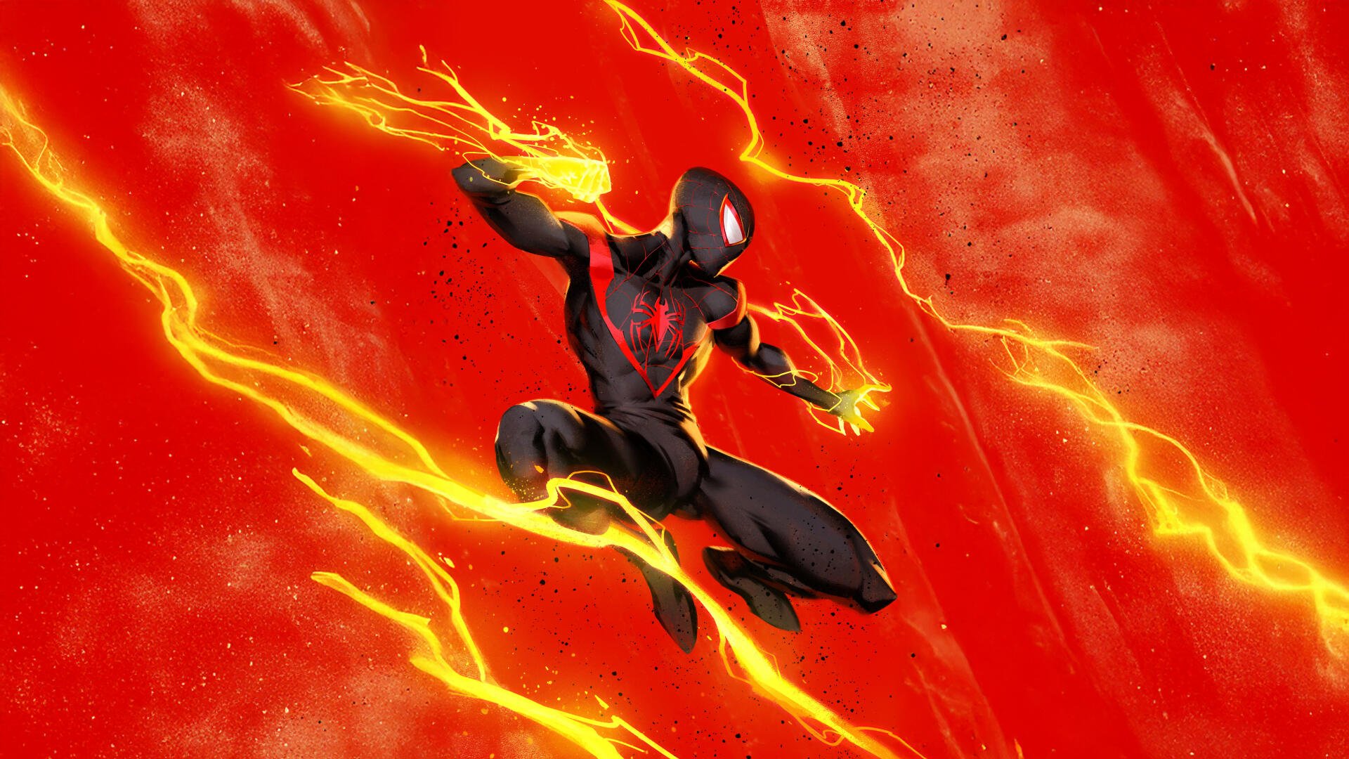 Miles Morales as Spider-Man in a black-and-red suit, leaping through a red backdrop with streaks of yellow lightning — 5K Ultra HD PC desktop wallpaper