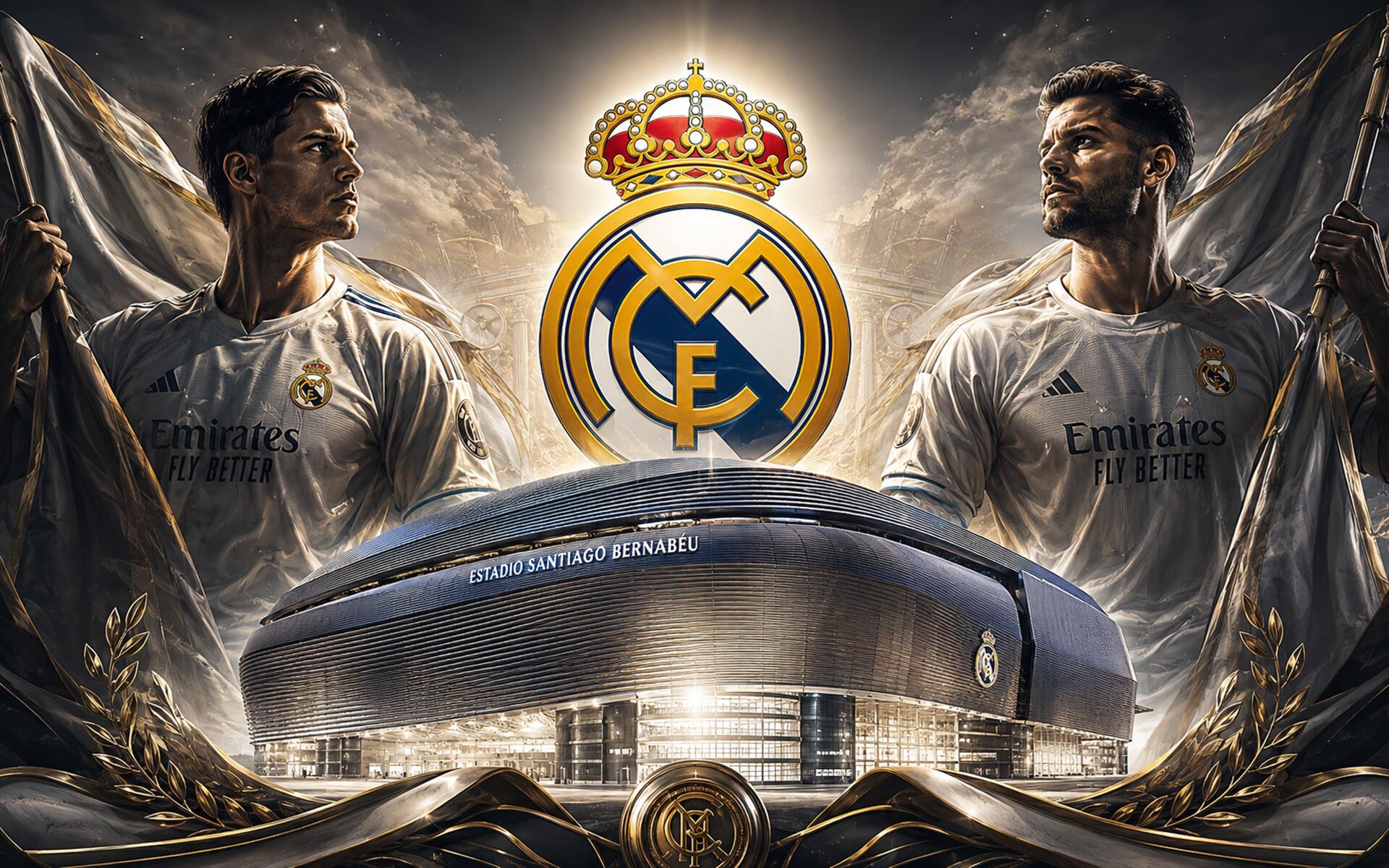 4K Ultra HD PC desktop wallpaper: Real Madrid C.F. crest above an illuminated stadium, two players in white kits flank the emblem — soccer sports background.