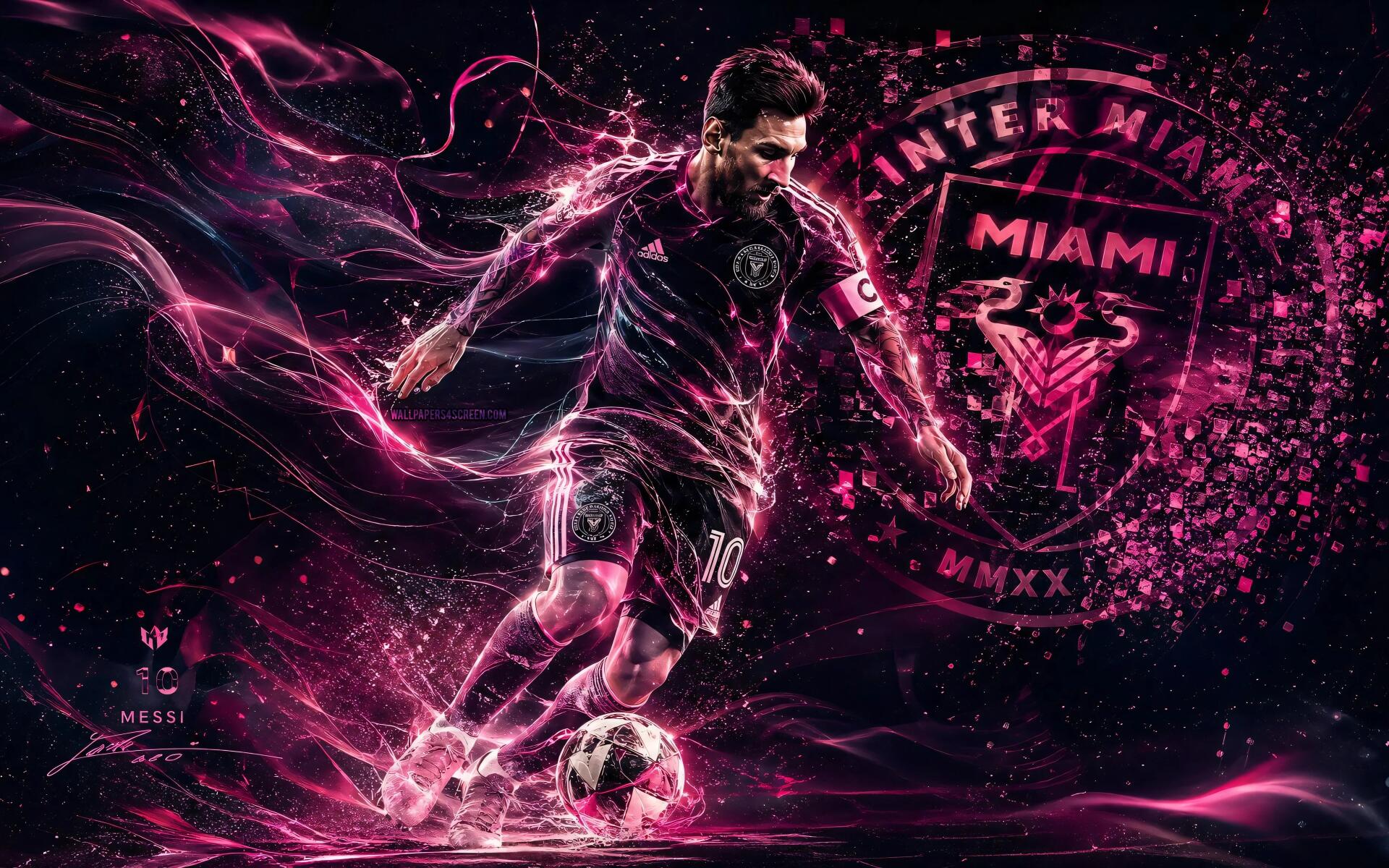 4K Ultra HD soccer wallpaper: Inter Miami CF player #10 in pink kit dribbling a ball with neon pink energy trails and MLS/Inter Miami crest in the background.