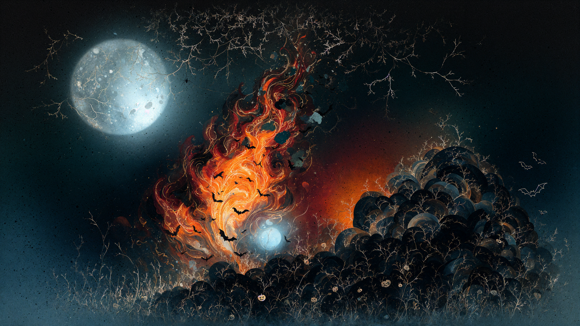 4K Ultra HD PC desktop wallpaper of spooky season: a full moon above a blazing fire and curling smoke over a rocky hill, silhouetted bats and leafless branches under an eerie glow.