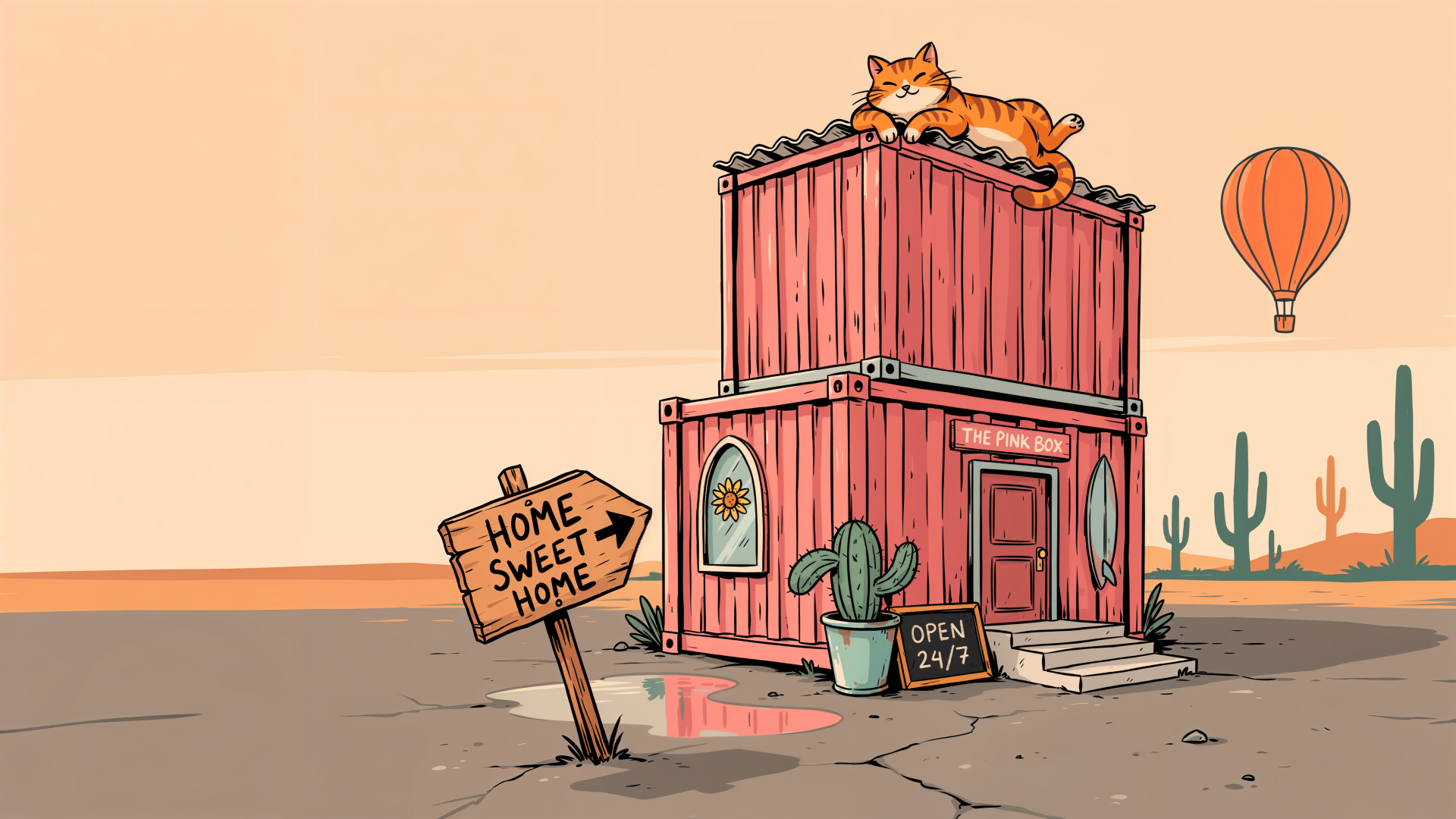 4K Ultra HD PC desktop wallpaper: a pink container-house shack in a desert with cacti, a cat lounging on the roof, a Home Sweet Home sign and a distant hot-air balloon.