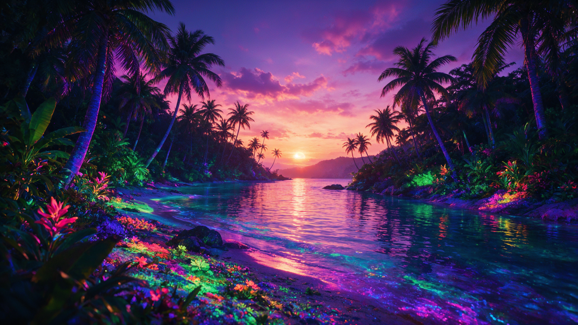 4K Ultra HD PC desktop wallpaper/background: tropical island sunset with silhouetted palm trees, vivid neon-hued sky and a reflective lagoon.