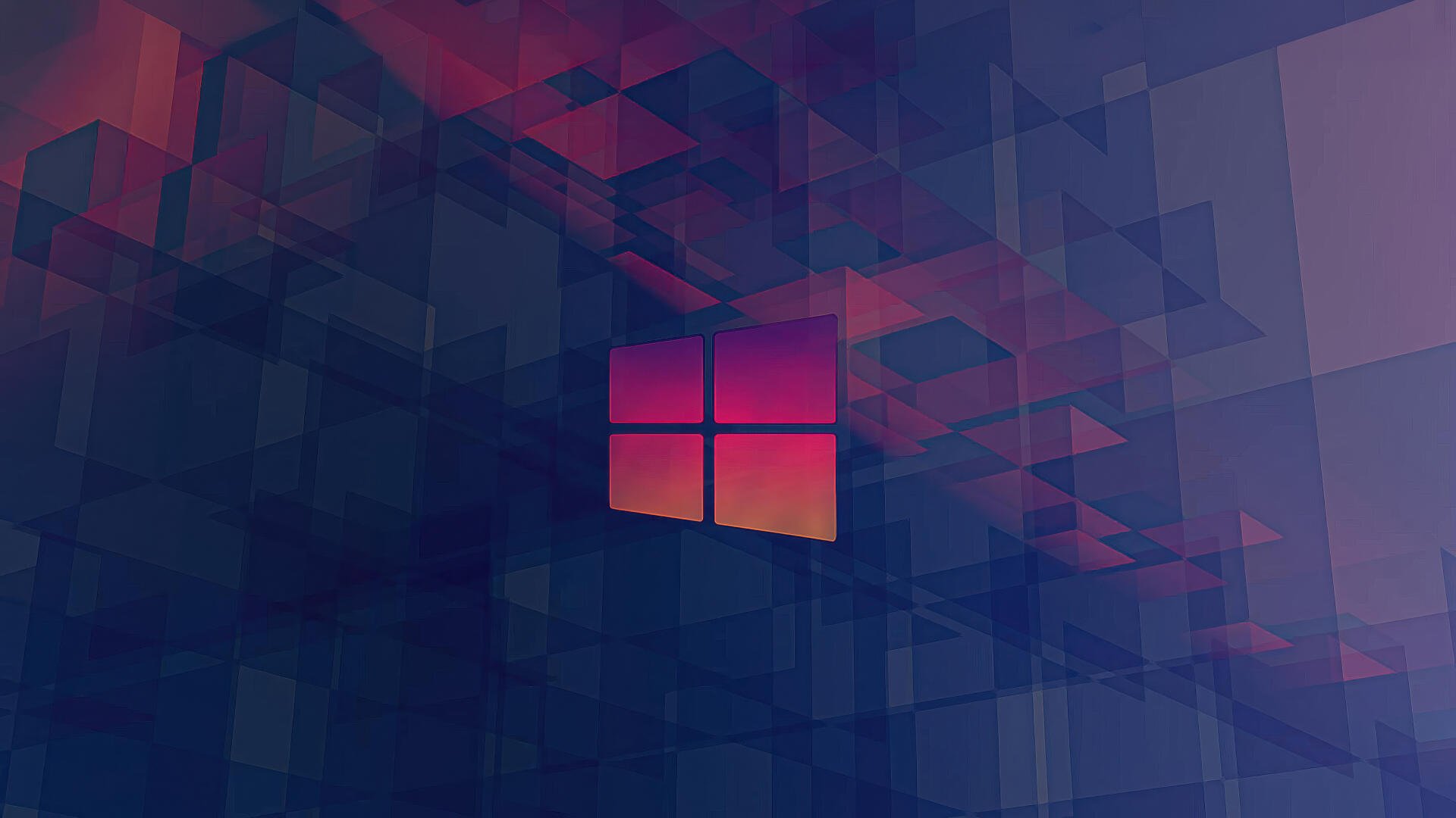 Microsoft Windows 11 4K Ultra HD PC desktop wallpaper: glowing Windows logo centered in an abstract field of blue and magenta translucent cubes.