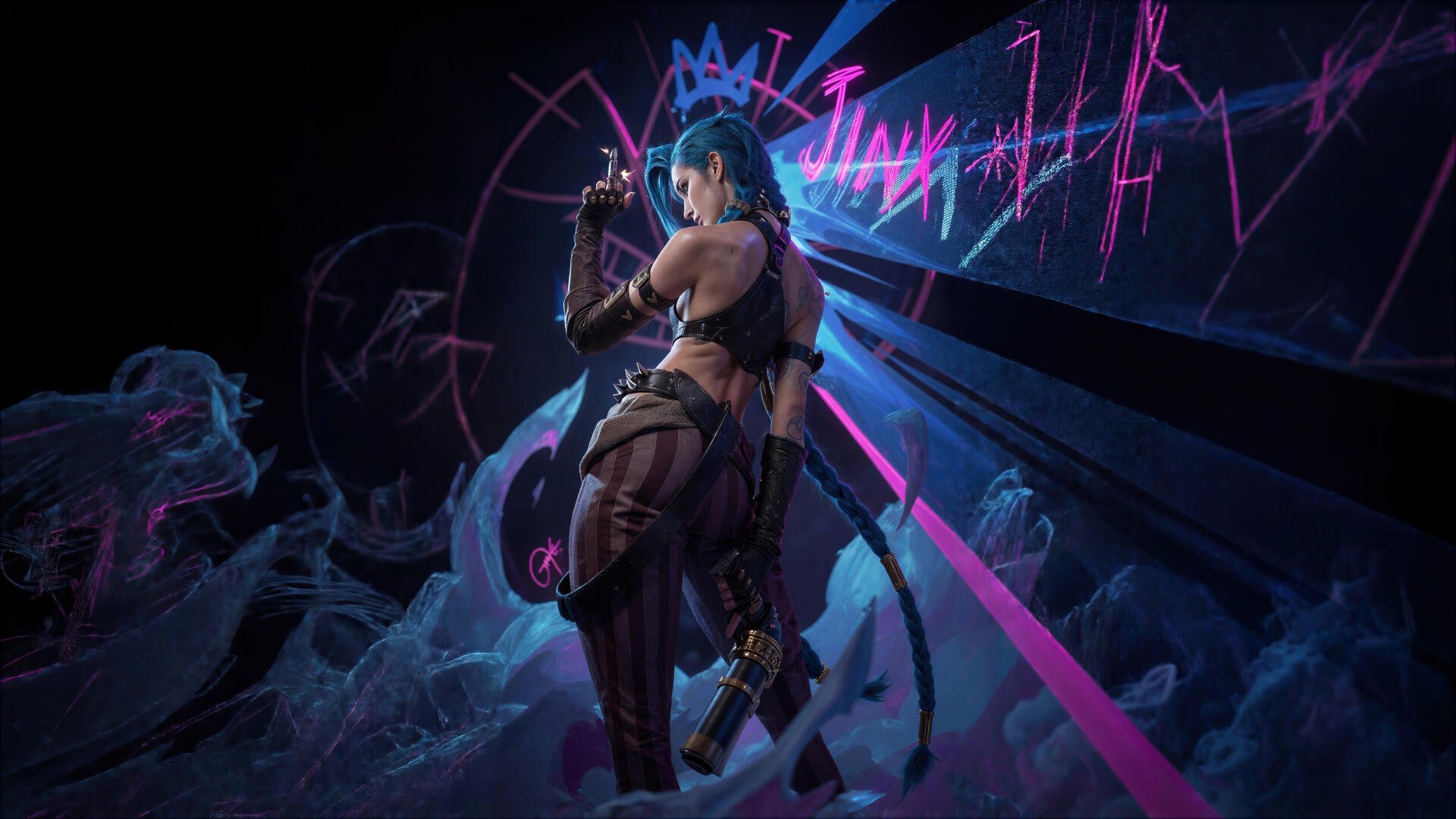 Digital art 4K Ultra HD PC desktop wallpaper of Jinx (League of Legends): blue-haired rebel with guns, back-turned pose amid neon pink graffiti and a shattered cityscape.