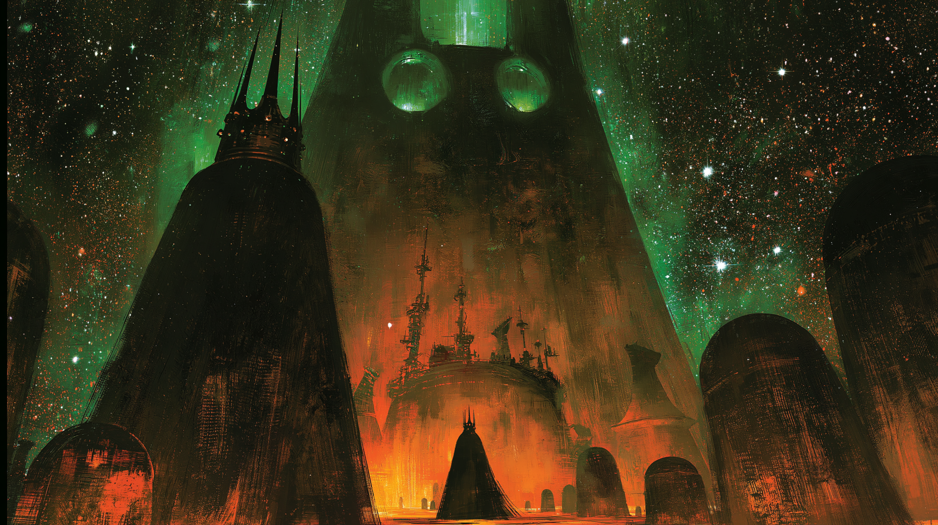 2K Quad HD PC desktop wallpaper — a towering fantasy fortress with spired tower beneath a glowing green starfield, fiery-lit ramparts and silhouetted castle forms.