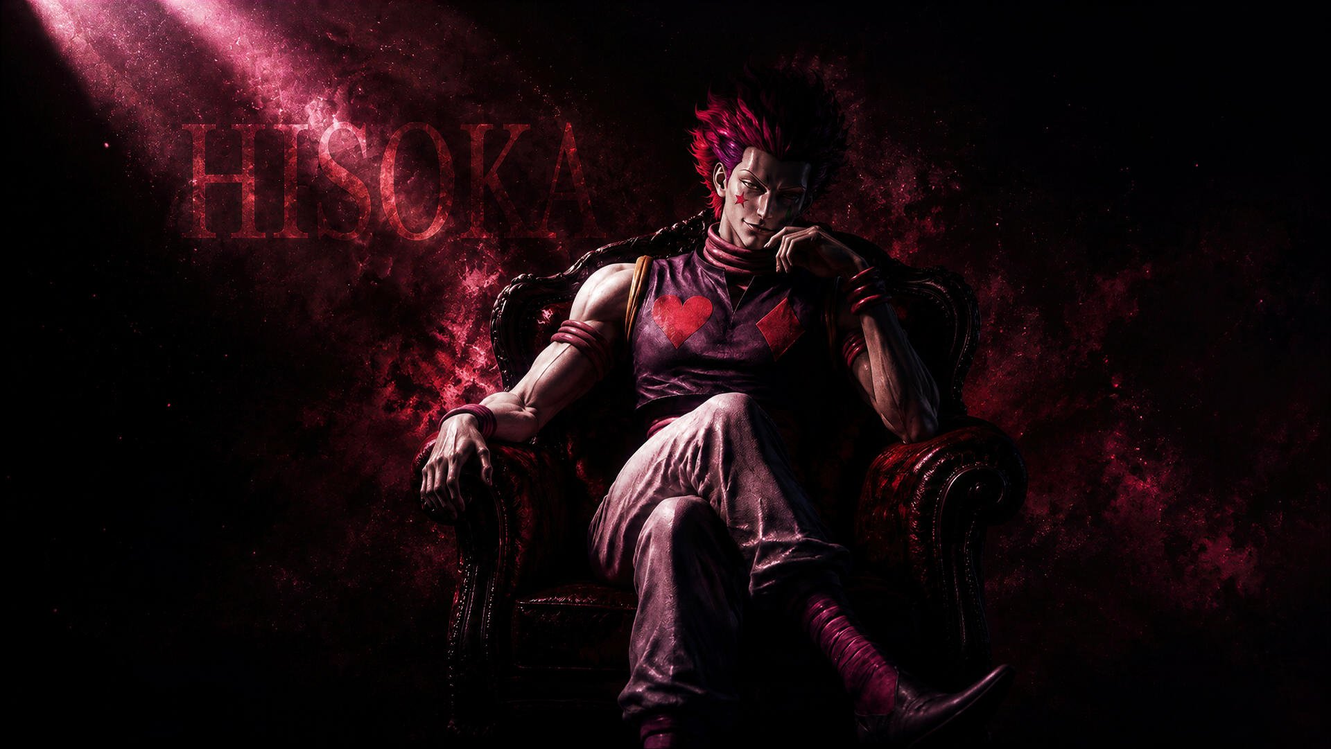 4K Ultra HD PC desktop wallpaper: Hisoka (Hunter × Hunter) seated in a dark armchair, surrounded by red-black smoke and dramatic anime lighting, smirking menacingly.