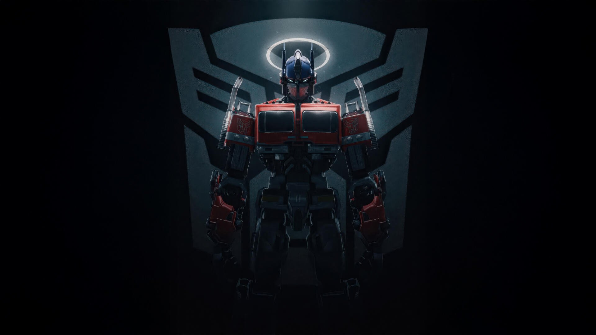 Transformers movie digital art: imposing red-and-blue Transformer standing before a glowing Autobot emblem — 5K Ultra HD PC desktop wallpaper background