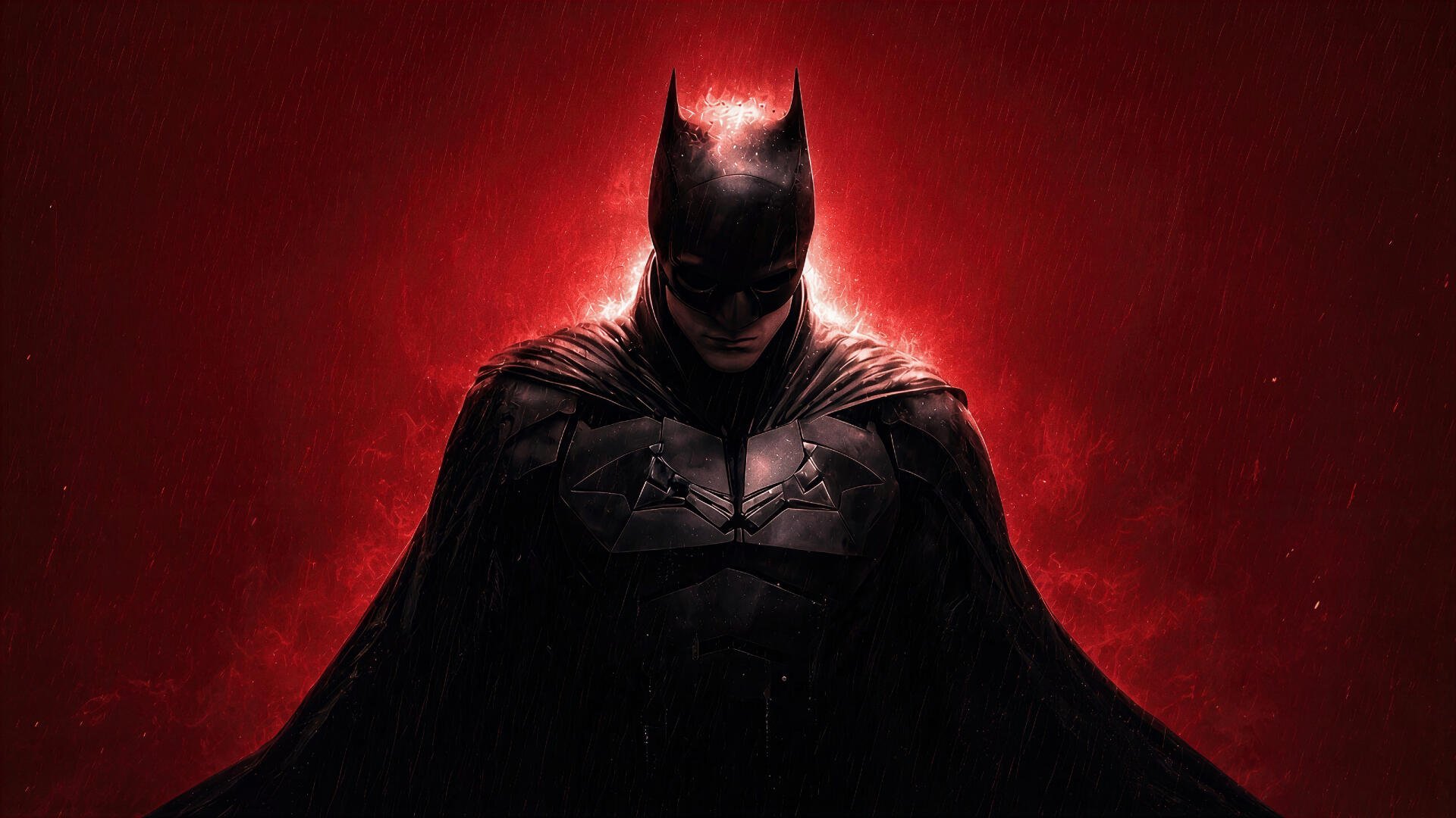 Batman digital art: brooding superhero silhouette with glowing red halo and detailed armor, cape flowing — 4K Ultra HD PC desktop wallpaper/background.