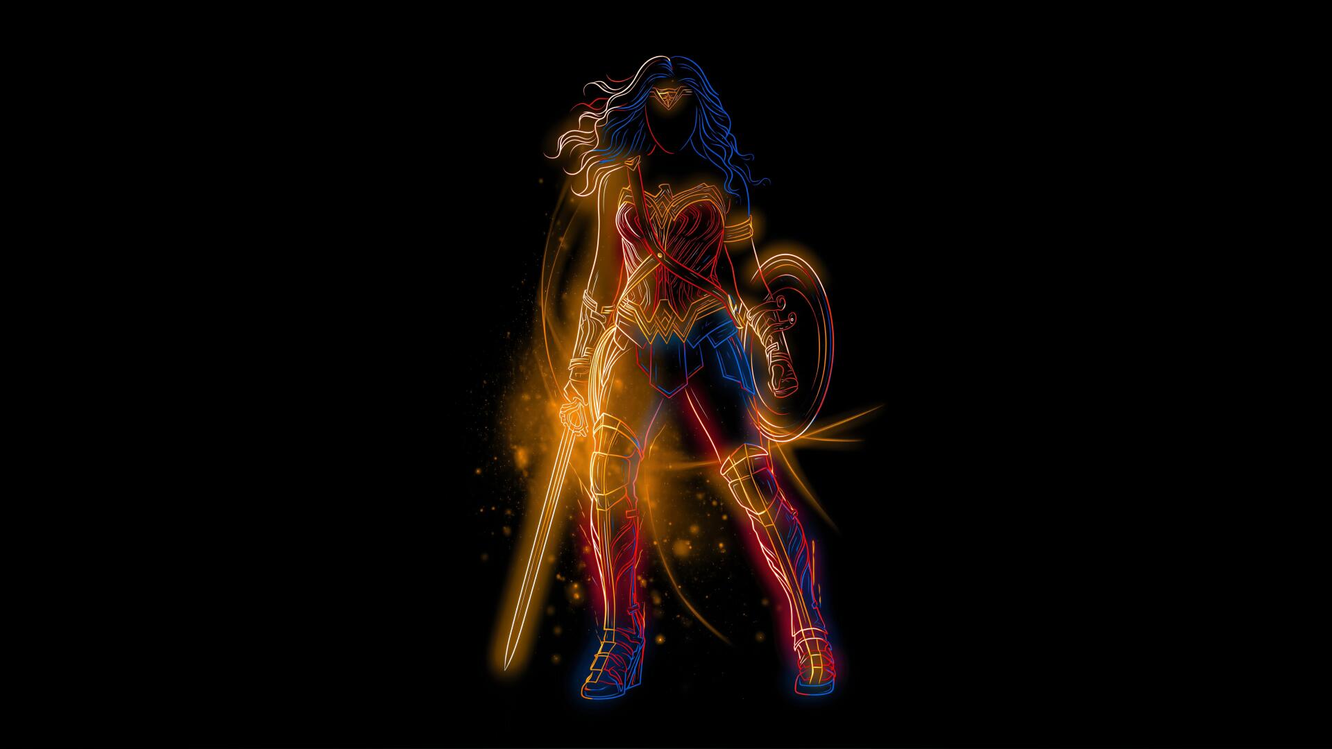 4K Ultra HD PC wallpaper of Wonder Man: a neon-glowing red, gold and blue figure rising from darkness against a black background.