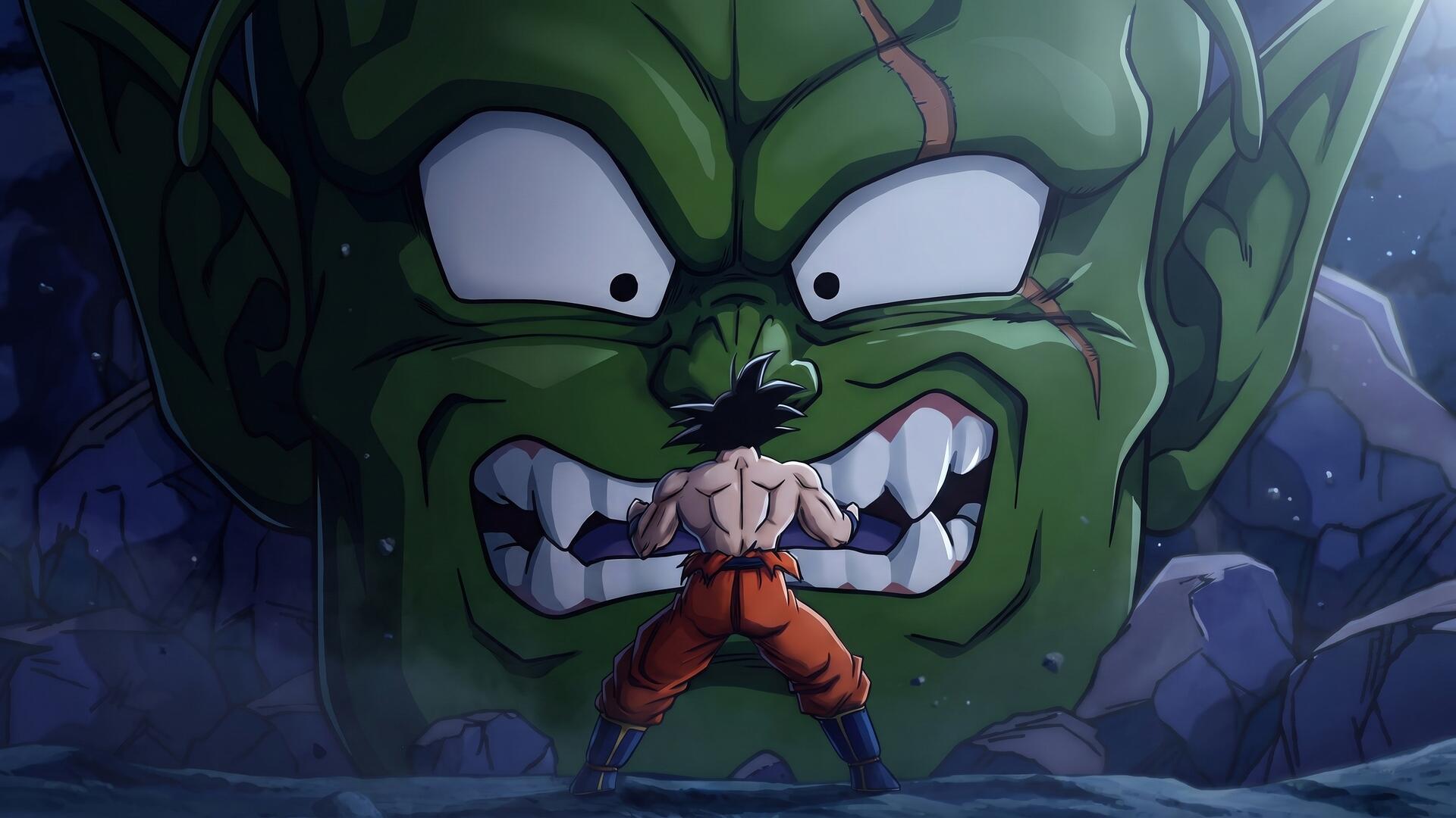 HD PC desktop wallpaper: Dragon Ball Z scene of Goku in orange gi confronting the giant green-faced villain Slug, dramatic lighting and rubble-strewn battleground.