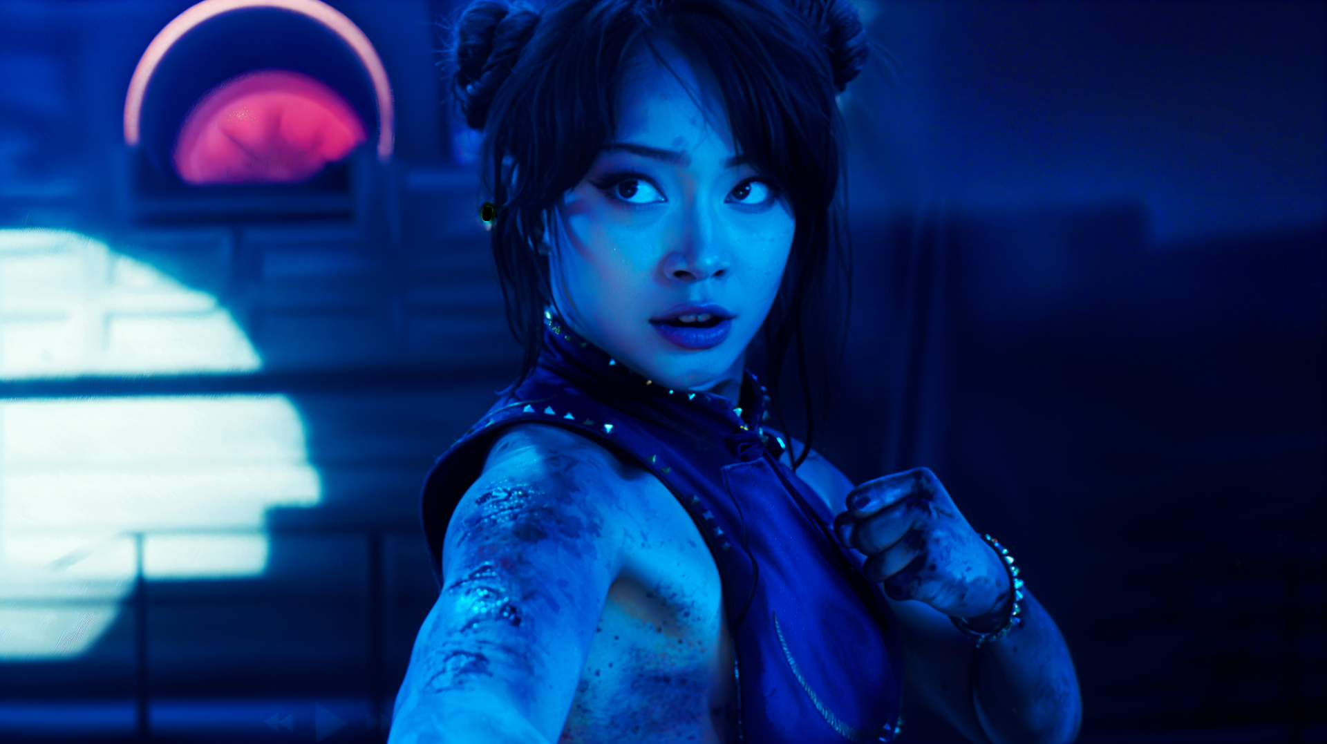 4K Ultra HD portrait of Chun-Li from Street Fighter: a fierce woman in a blue qipao, clenched fist and intense gaze, neon-lit PC desktop wallpaper/background.