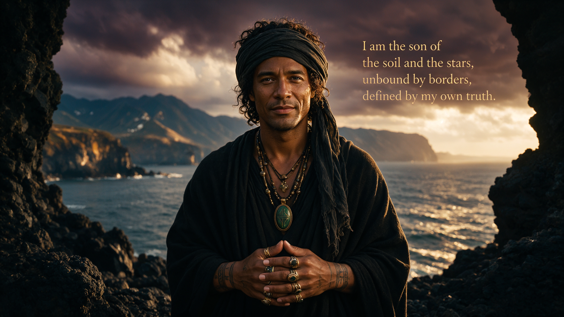 4K Ultra HD PC desktop wallpaper/background: portrait of a man with a headwrap and layered necklaces, hands clasped on a rocky coast at sunset beneath a dramatic sky and ocean.
